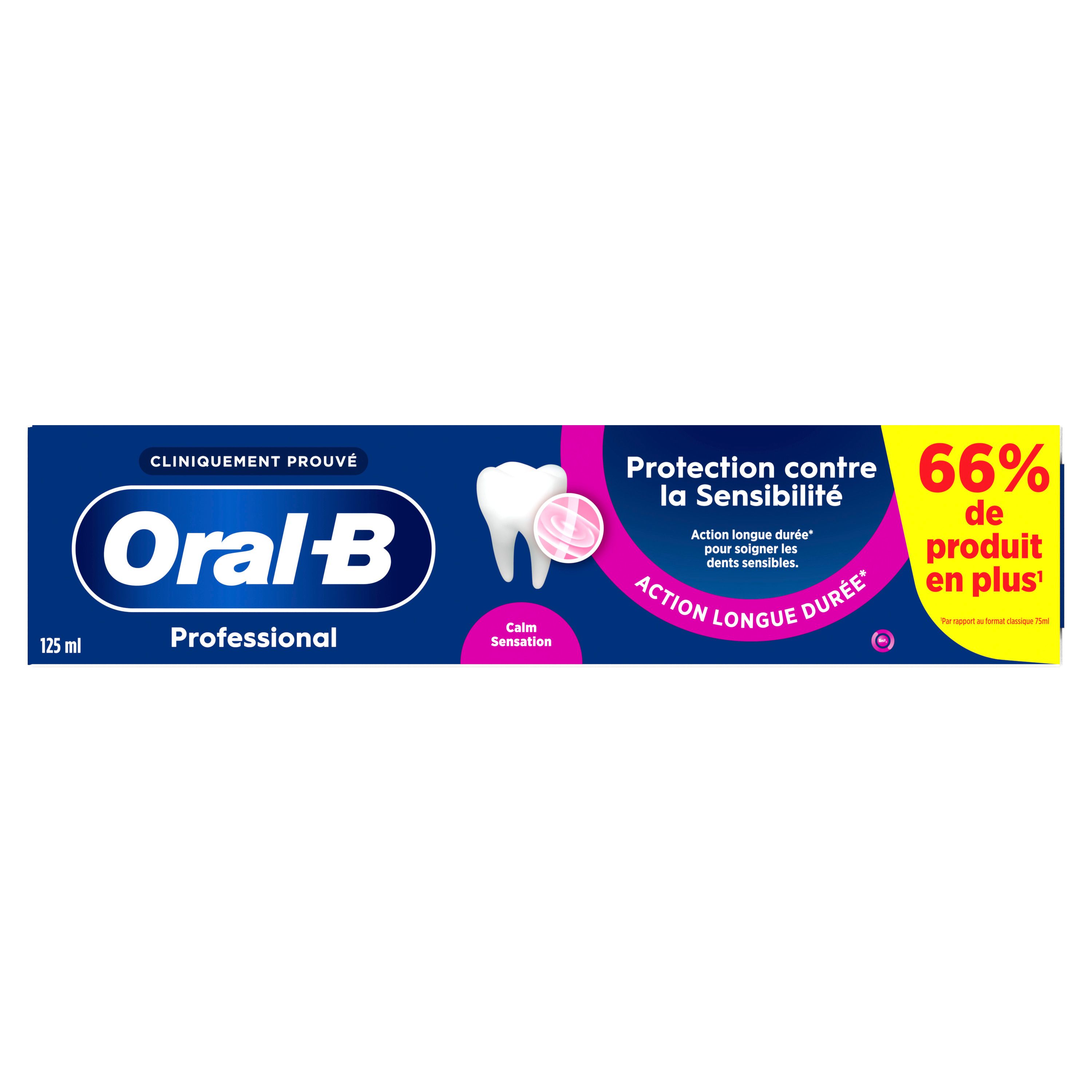 Boîte, Oral-B Professional, Protection contre la Sensibilité. 125 ml. 66% de produit en plus.