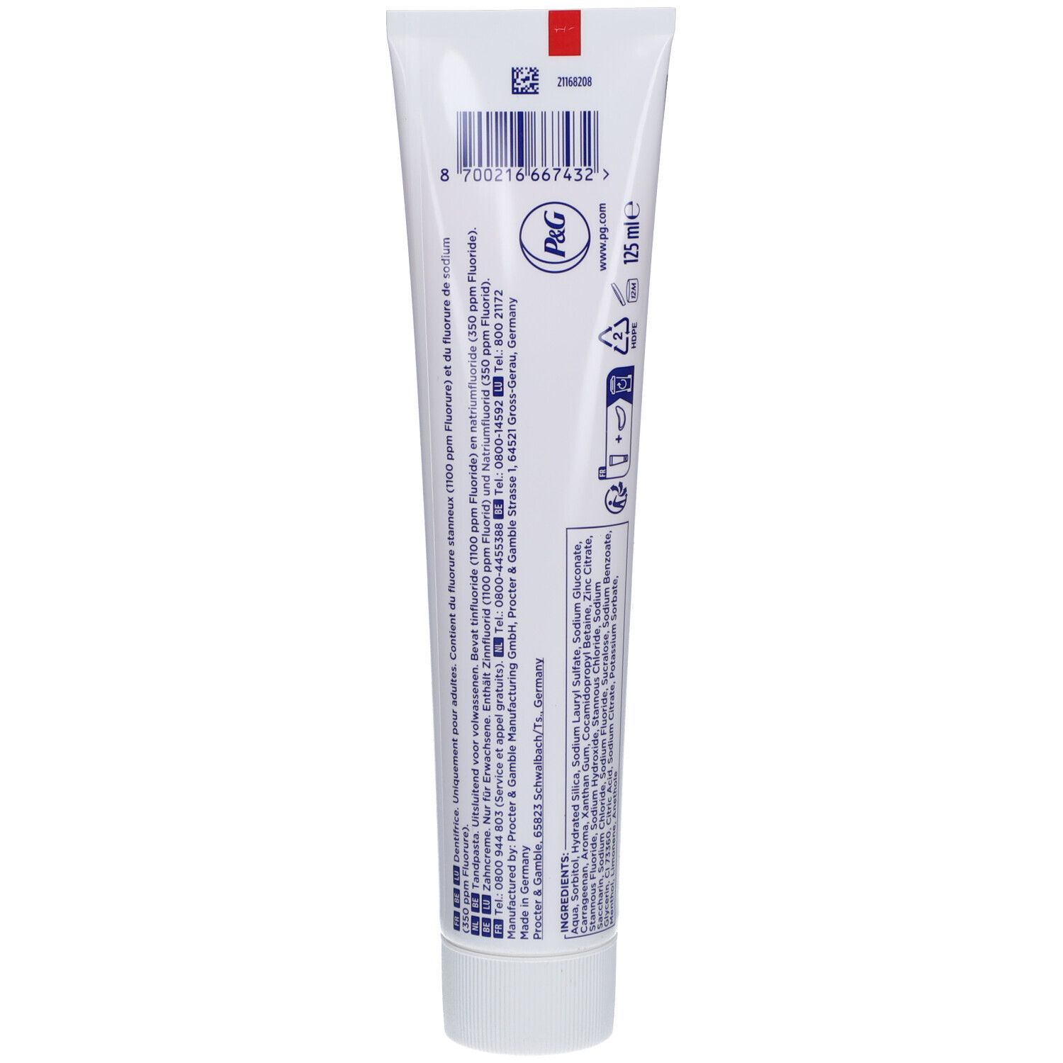 Rückseite der Zahnpasta-Tube. Herstellerinformationen, Inhaltsstoffe, 125 ml.