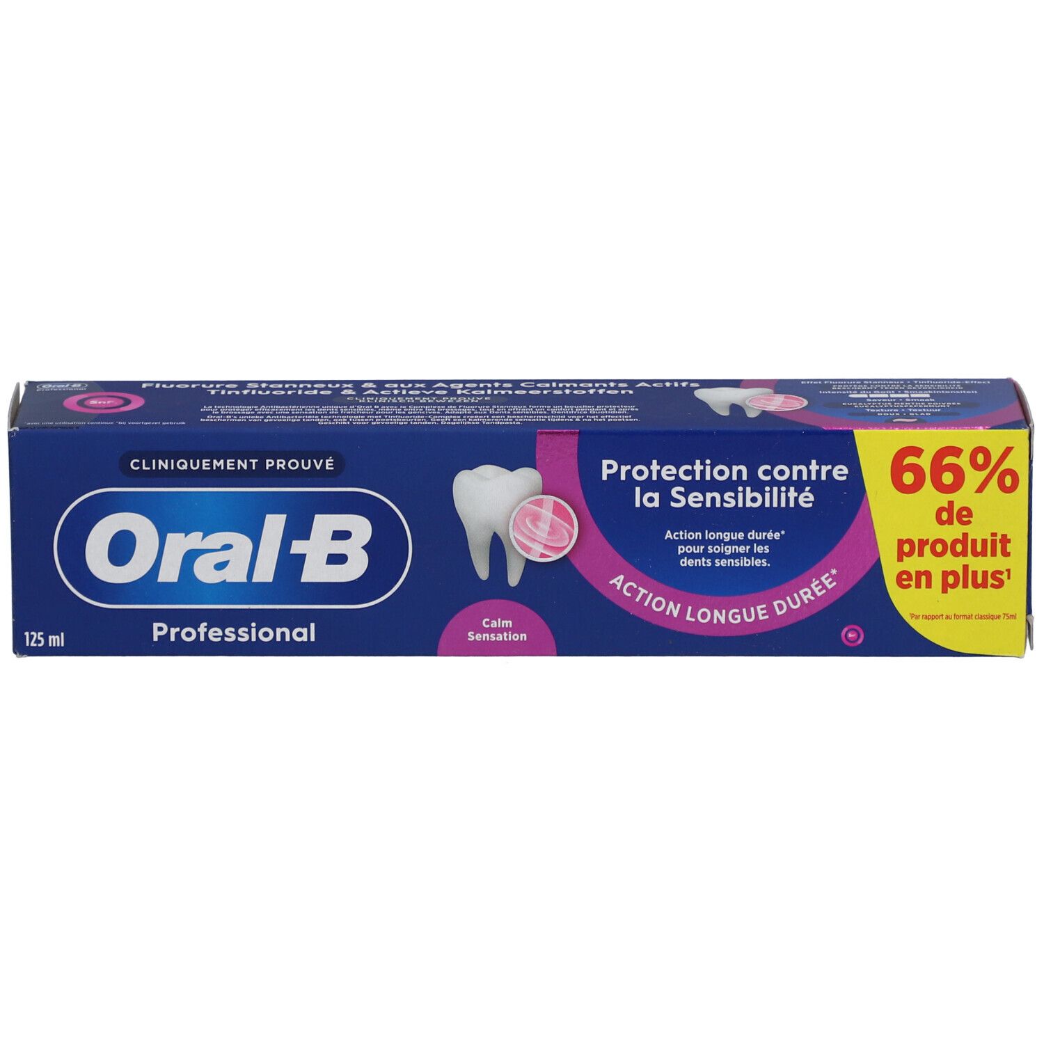 Schachtel, Oral-B Professional, Schutz vor Empfindlichkeit. 125 ml. 66% mehr Inhalt.