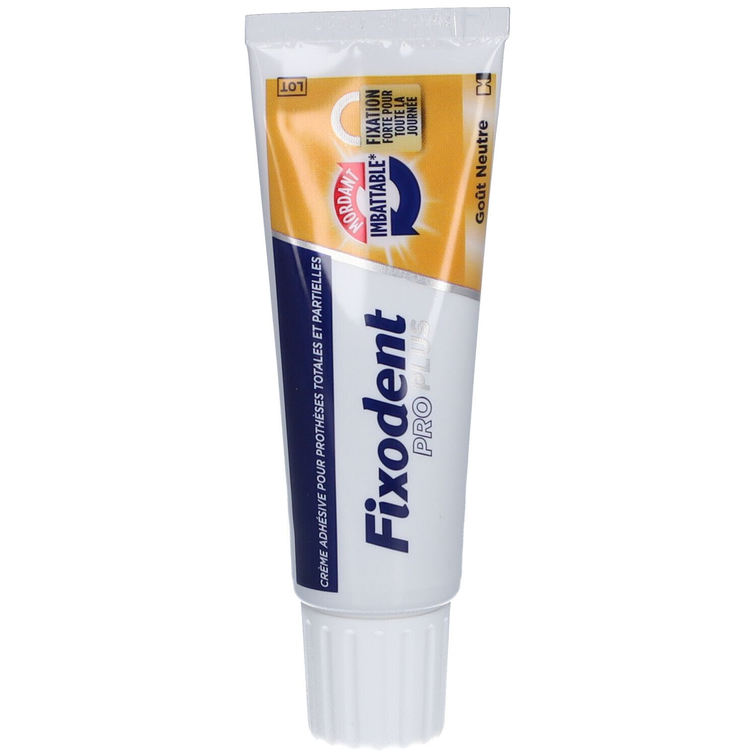 Fixodent Pro Plus. Creme für Zahnprothesen. Tube mit Schraubverschluss. Farbgebung: Weiß, Blau, Gelb.