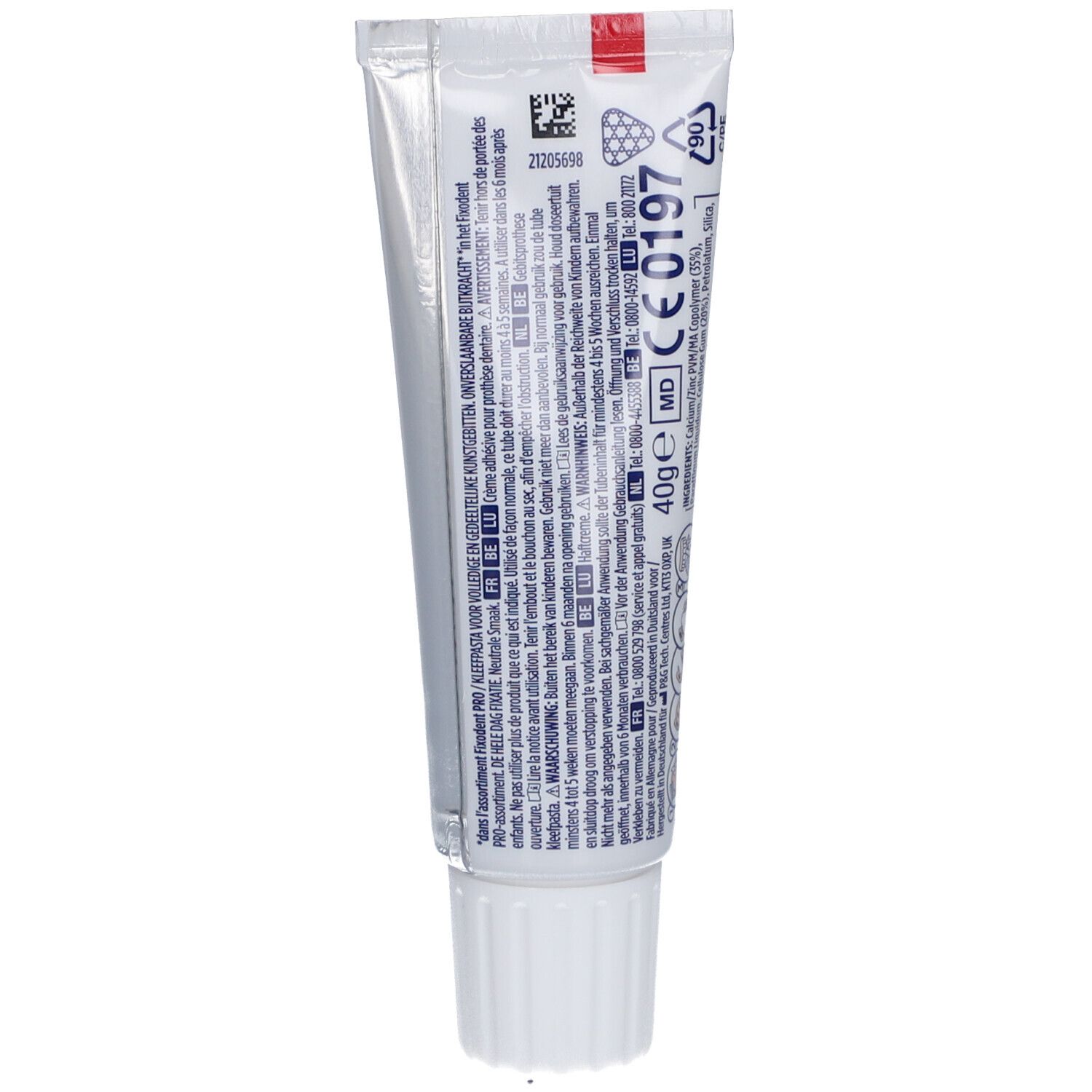Rückseite der Fixodent Pro Plus Tube. Enthält Text, Barcode, CE-Kennzeichnung und 40g Gewicht.