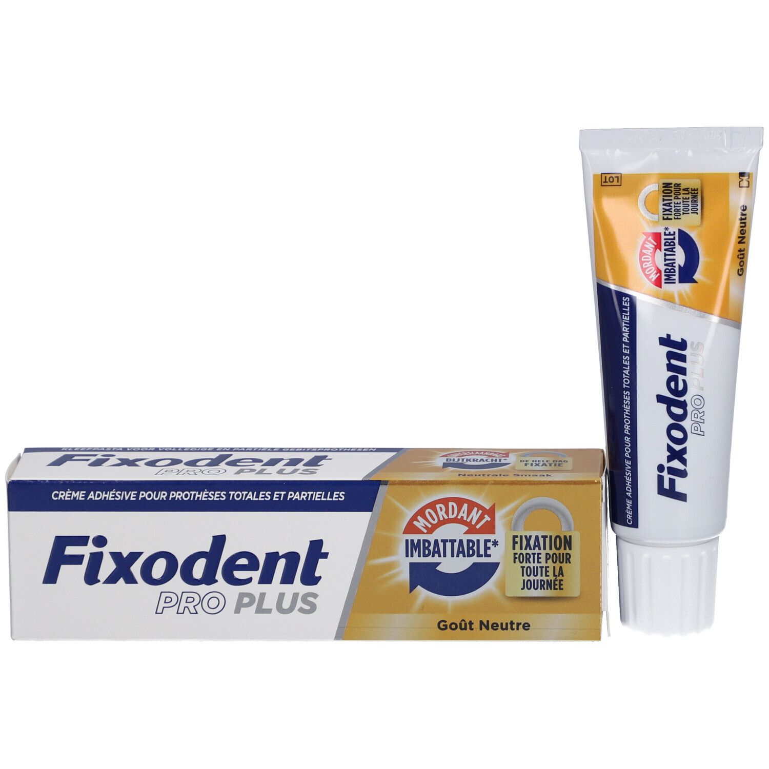 Fixodent Pro Plus und Verpackung. Tube und Schachtel. Aufdruck: Fixodent Pro Plus, Klebecreme, neutraler Geschmack.