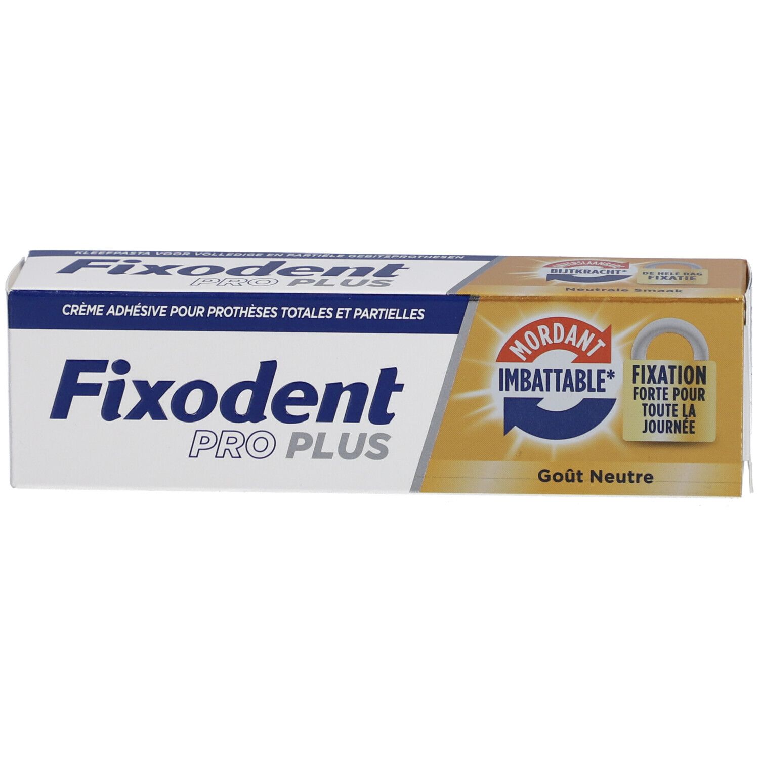 Fixodent Pro Plus Schachtel. Aufdruck: Fixodent Pro Plus, Klebecreme für Prothesen, neutraler Geschmack.