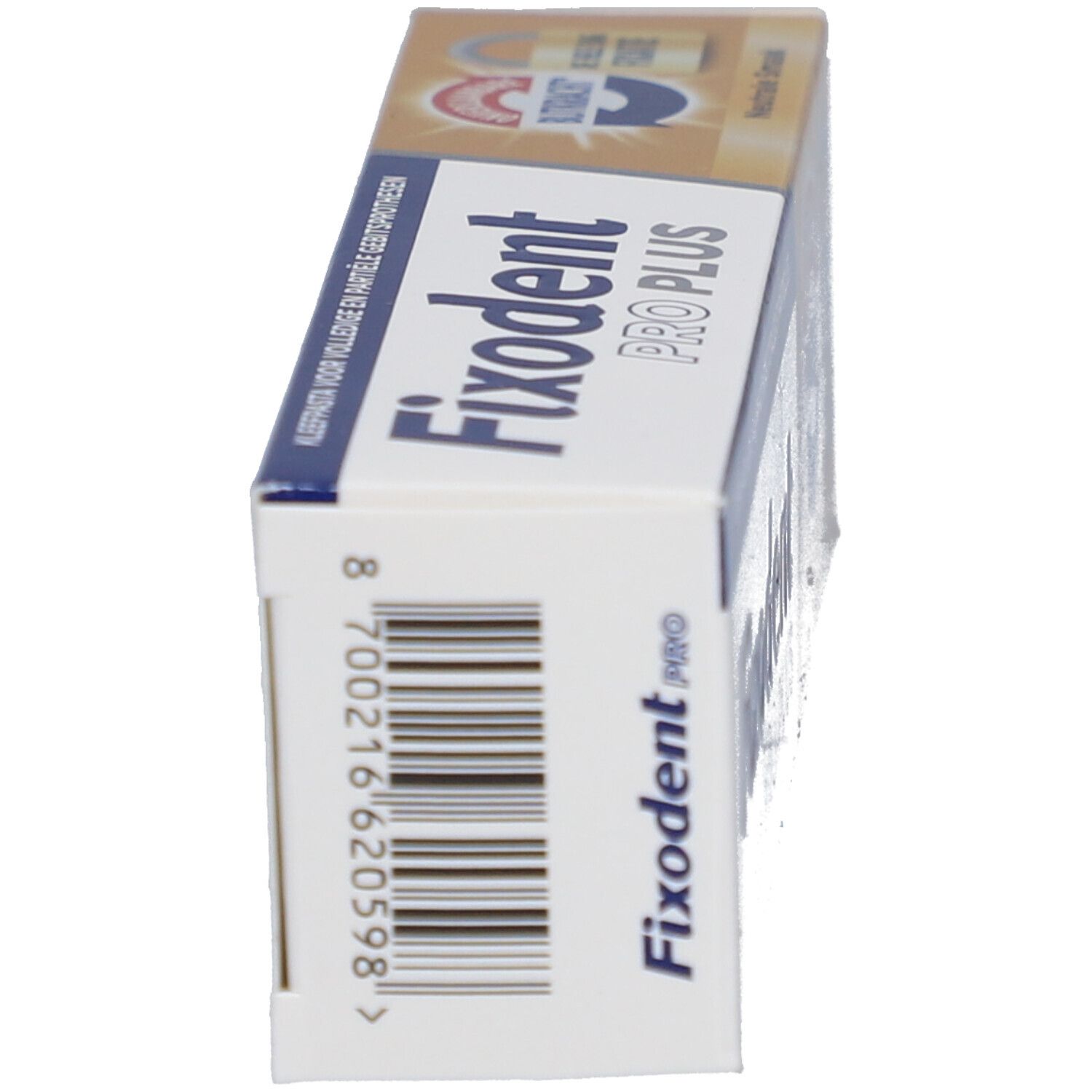 Fixodent Pro Plus Schachtel, Seitenansicht. Aufdruck: Fixodent Pro Plus, Barcode, Text.
