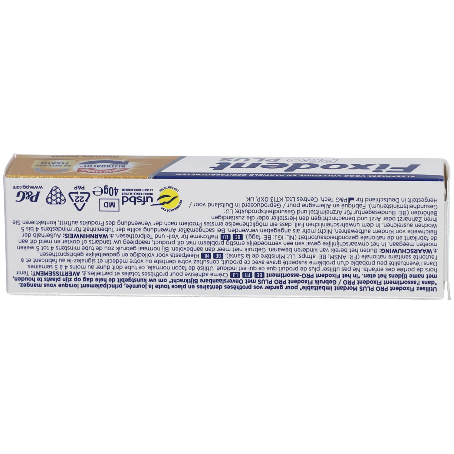 Fixodent Pro Plus Schachtel, Unterseite. Enthält Text, Logos, und 40g Gewicht.