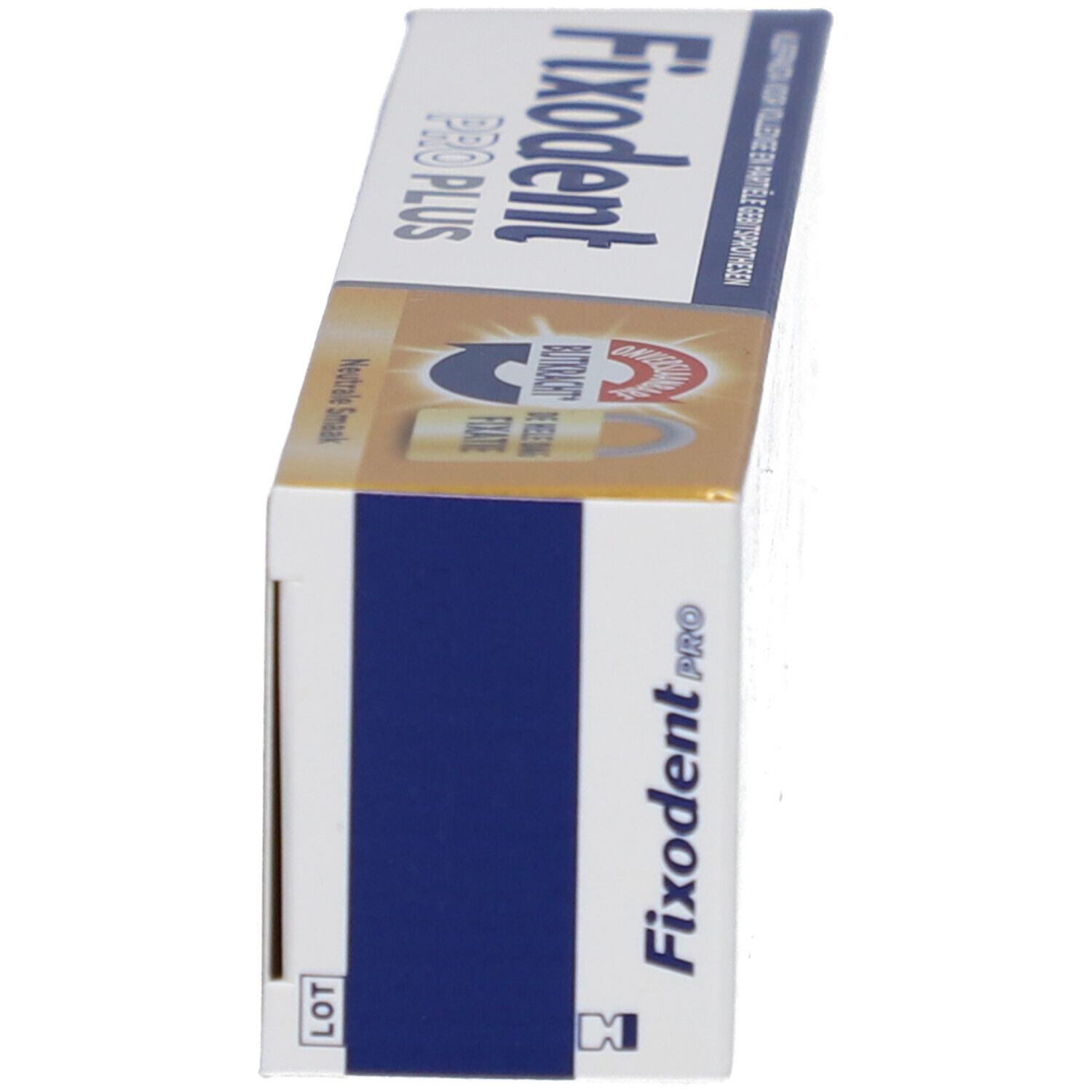 Fixodent Pro Plus Schachtel, Seitenansicht. Aufdruck: Fixodent Pro Plus, Text.