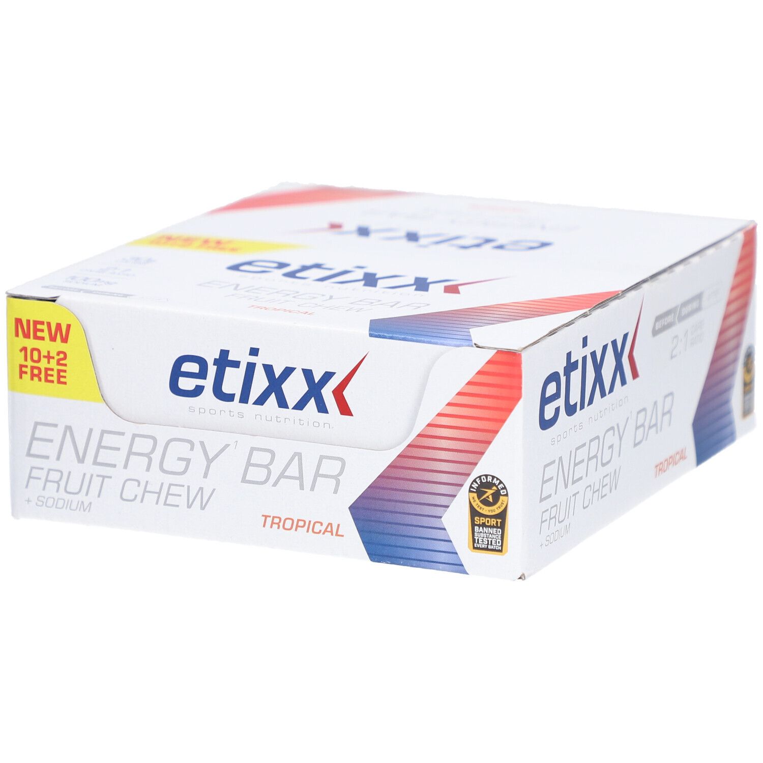 Etixx Energy Bar Frucht Chew. Weiße Verpackung mit Produktlogo und Aufdruck. 10+2 gratis.