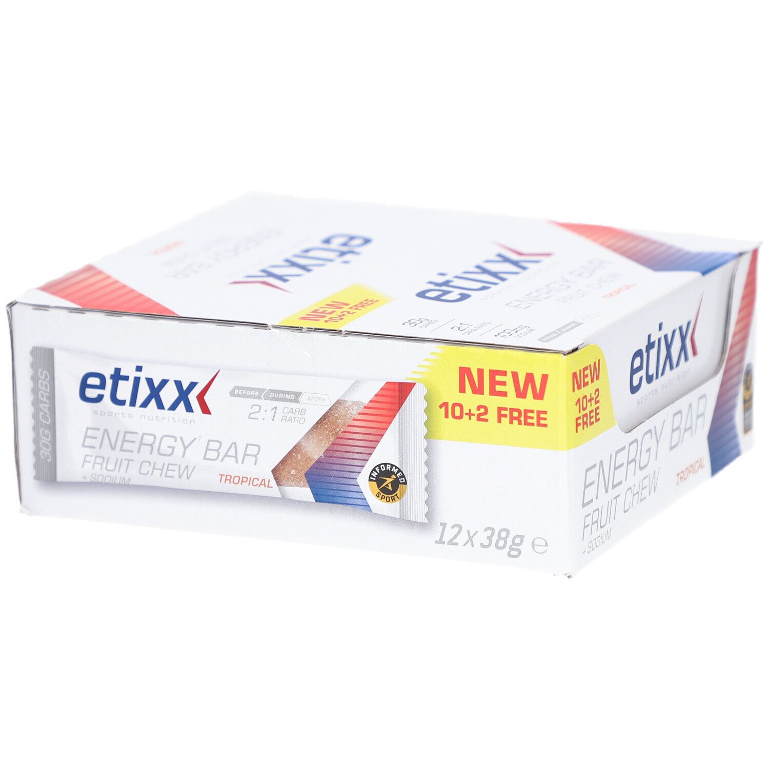 Etixx Energy Bar Frucht Chew. Weiße Verpackung mit Produktlogo und Aufdruck. 10+2 gratis.