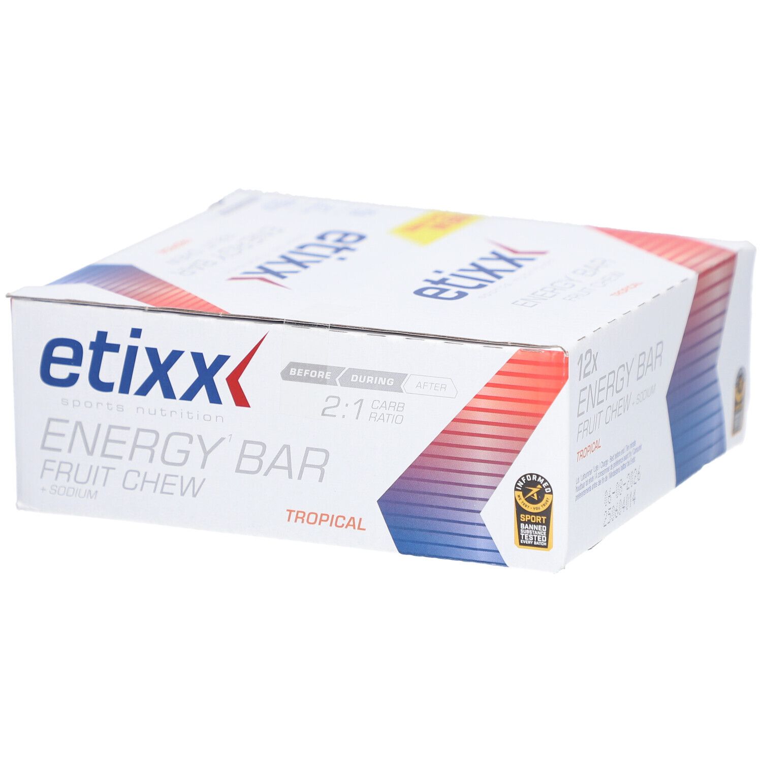 Etixx Energy Bar Frucht Chew. Weiße Verpackung mit Produktlogo und Aufdruck. 12 Riegel.