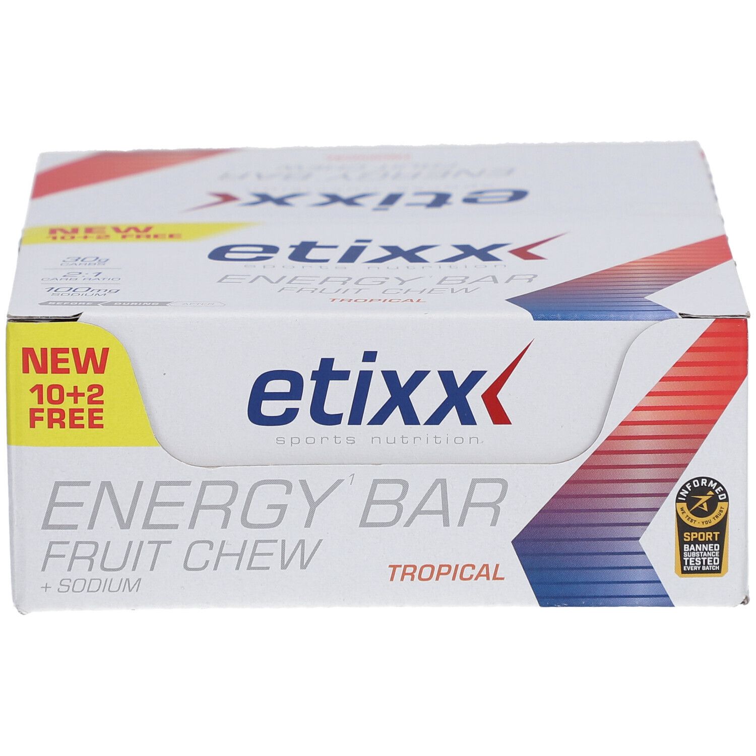 Etixx Energy Bar Frucht Chew. Weiße Verpackung mit Produktlogo und Aufdruck. 10+2 gratis.