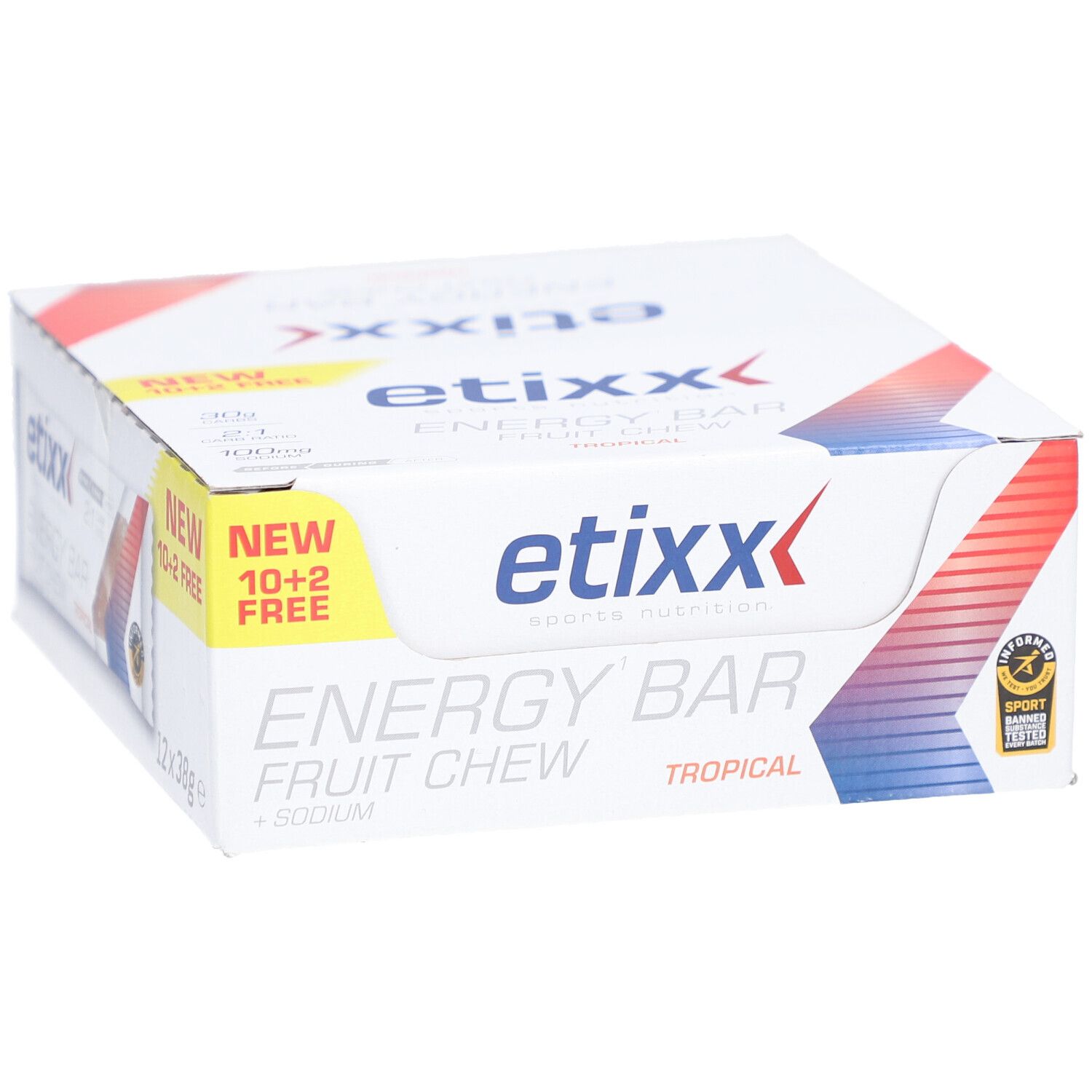 Etixx Energy Bar Frucht Chew. Weiße Verpackung mit Produktlogo und Aufdruck. 10+2 gratis.