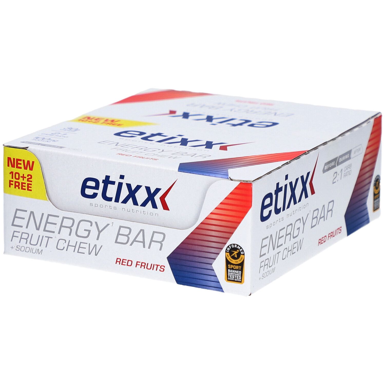 Etixx Energy Bar, Karton mit 12 Riegeln. Aufschrift: Energy Bar, Red Fruits, + Sodium. Mit 'New 10+2 Free' Aufkleber.