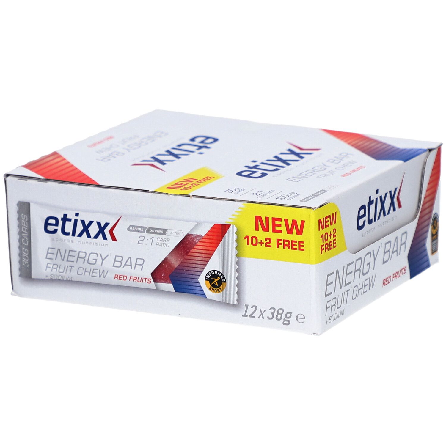 Etixx Energy Bar, Karton mit 12 Riegeln. Aufschrift: Energy Bar, Red Fruits, + Sodium. Mit 'New 10+2 Free' Aufkleber.
