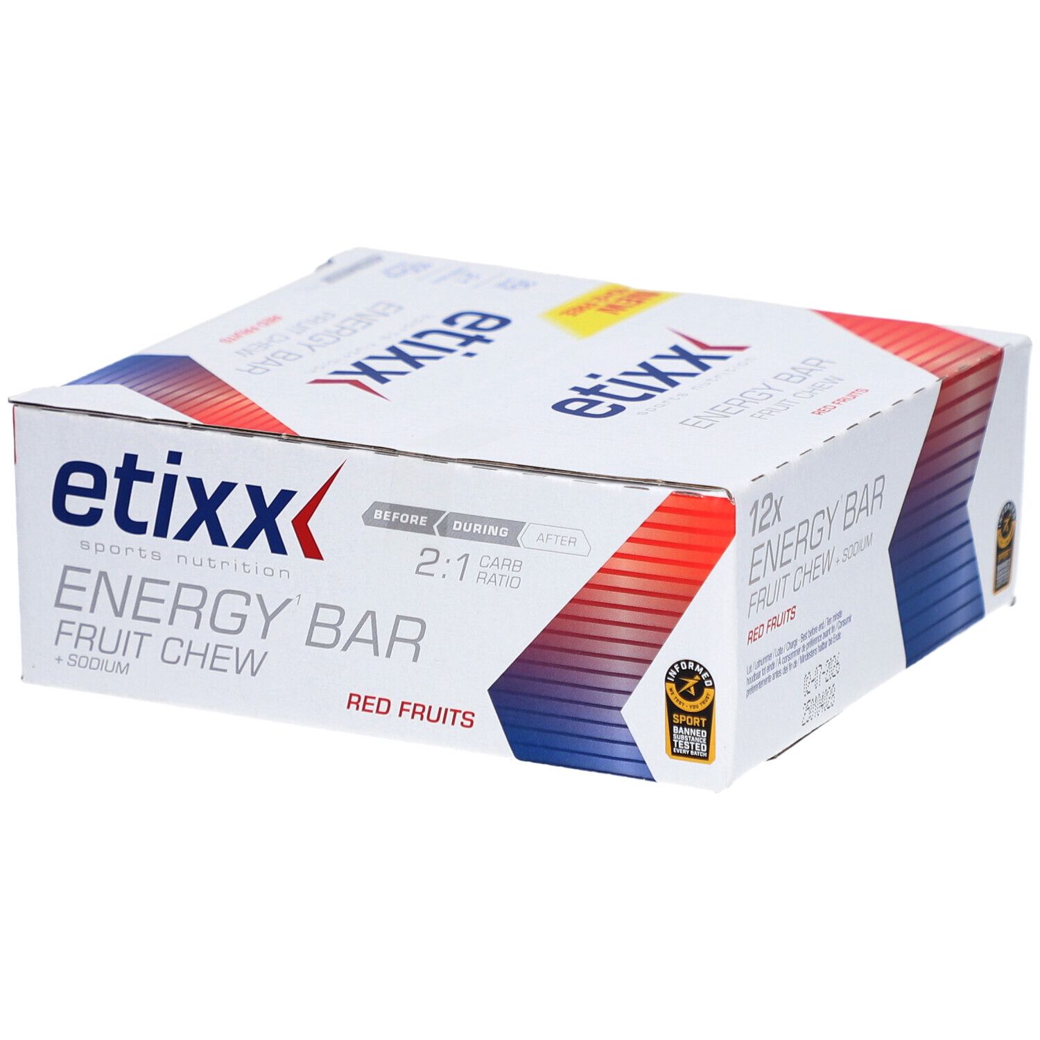 Etixx Energy Bar, Karton mit 12 Riegeln. Aufschrift: Energy Bar, Red Fruits, + Sodium. Mit 'New 10+2 Free' Aufkleber.