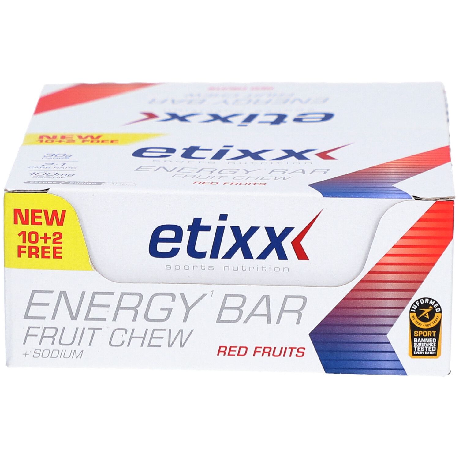 Etixx Energy Bar, Karton mit 12 Riegeln. Aufschrift: Energy Bar, Red Fruits, + Sodium. Mit 'New 10+2 Free' Aufkleber.
