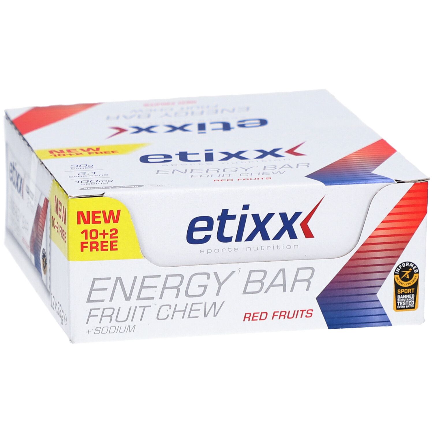 Etixx Energy Bar, Karton mit 12 Riegeln. Aufschrift: Energy Bar, Red Fruits, + Sodium. Mit 'New 10+2 Free' Aufkleber.