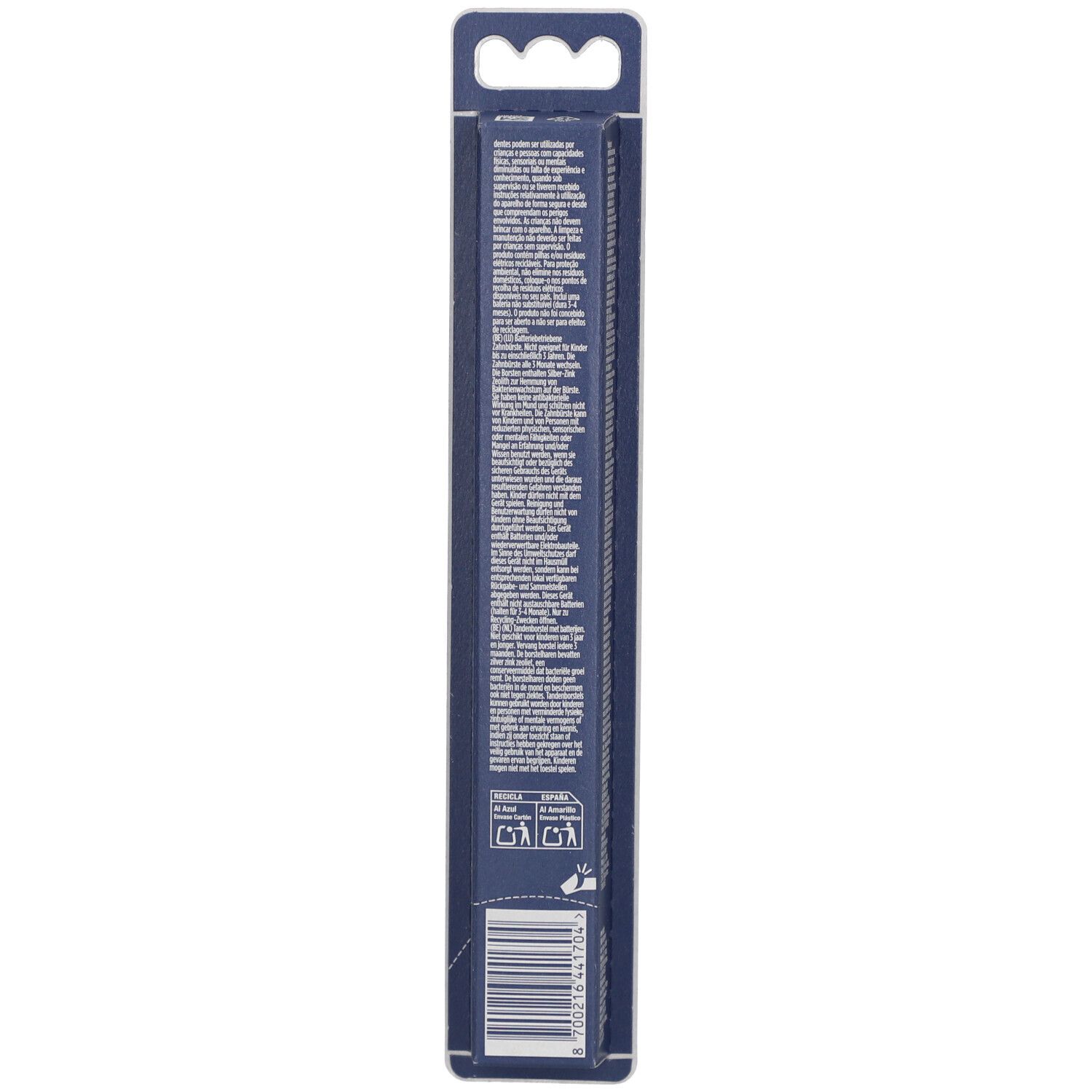 Rückseite der Zahnbürstenverpackung. Text und Barcode. Blauer Hintergrund.