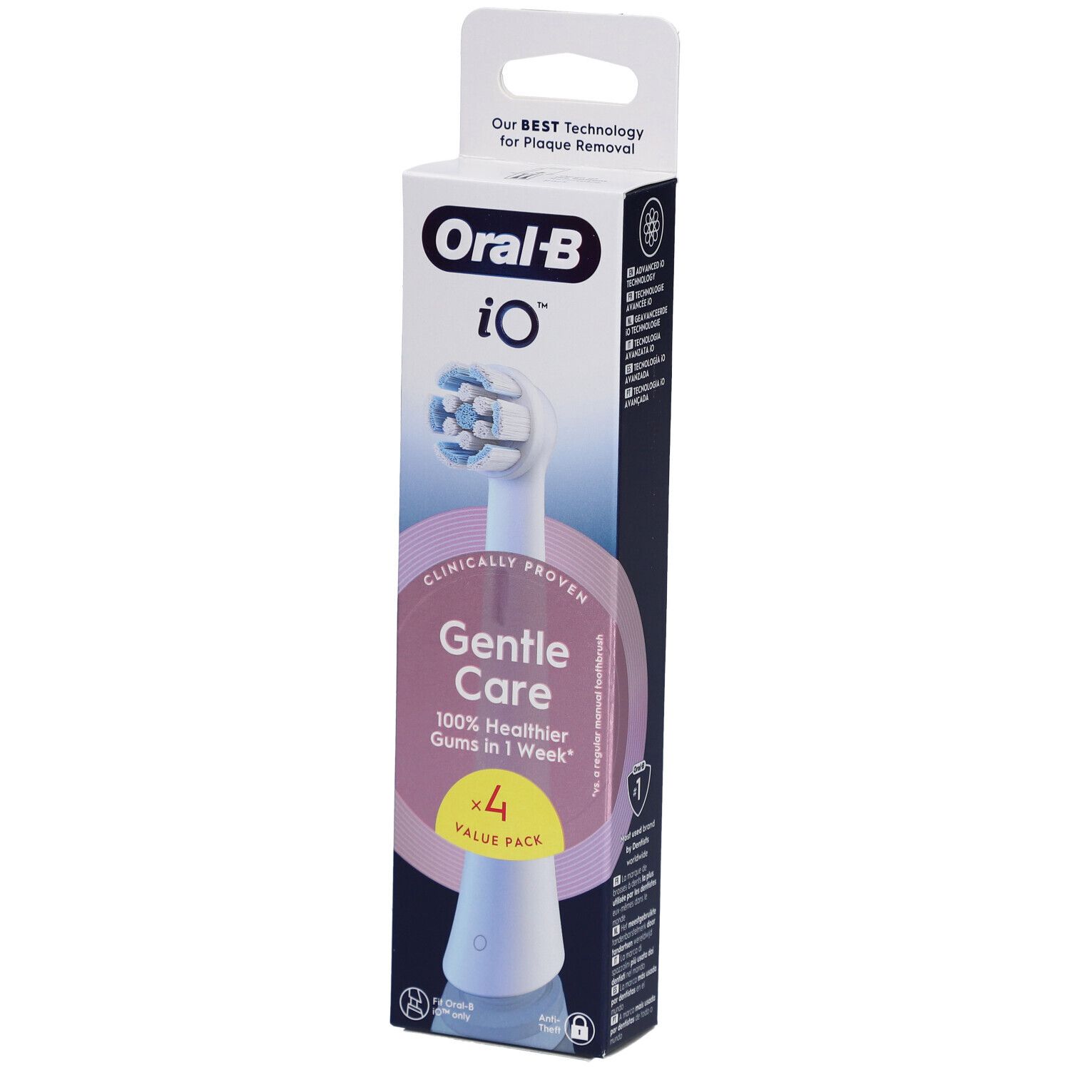 Oral-B iO Sanfte Pflege Weiß 4 Zahnbürstenaufsätze in Verpackung. Enthält 4 Aufsätze. Aufschrift: Gentle Care.