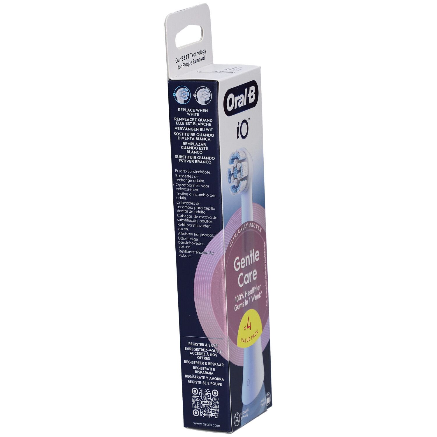 Verpackung von Oral-B iO Sanfte Pflege Weiß 4. Enthält 4 Aufsätze. Aufschrift: Gentle Care. Rückseite mit Text.