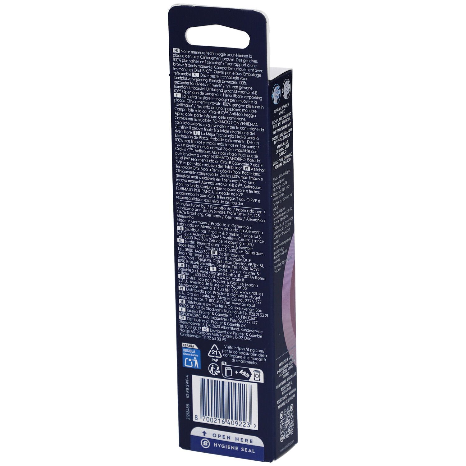 Rückseite der Verpackung von Oral-B iO Sanfte Pflege Weiß 4. Text in verschiedenen Sprachen. Barcode.