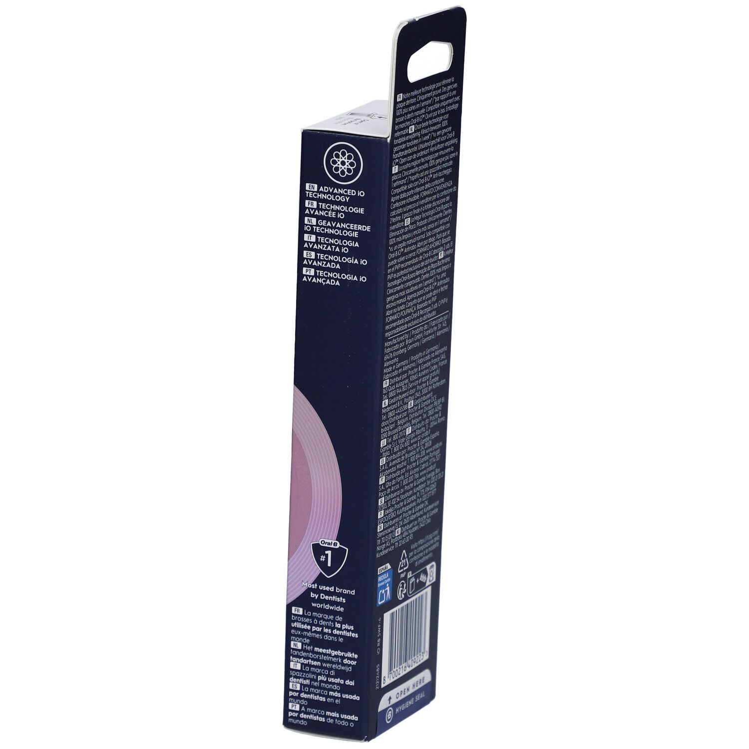 Seite der Verpackung von Oral-B iO Sanfte Pflege Weiß 4. Text in verschiedenen Sprachen. Logo.