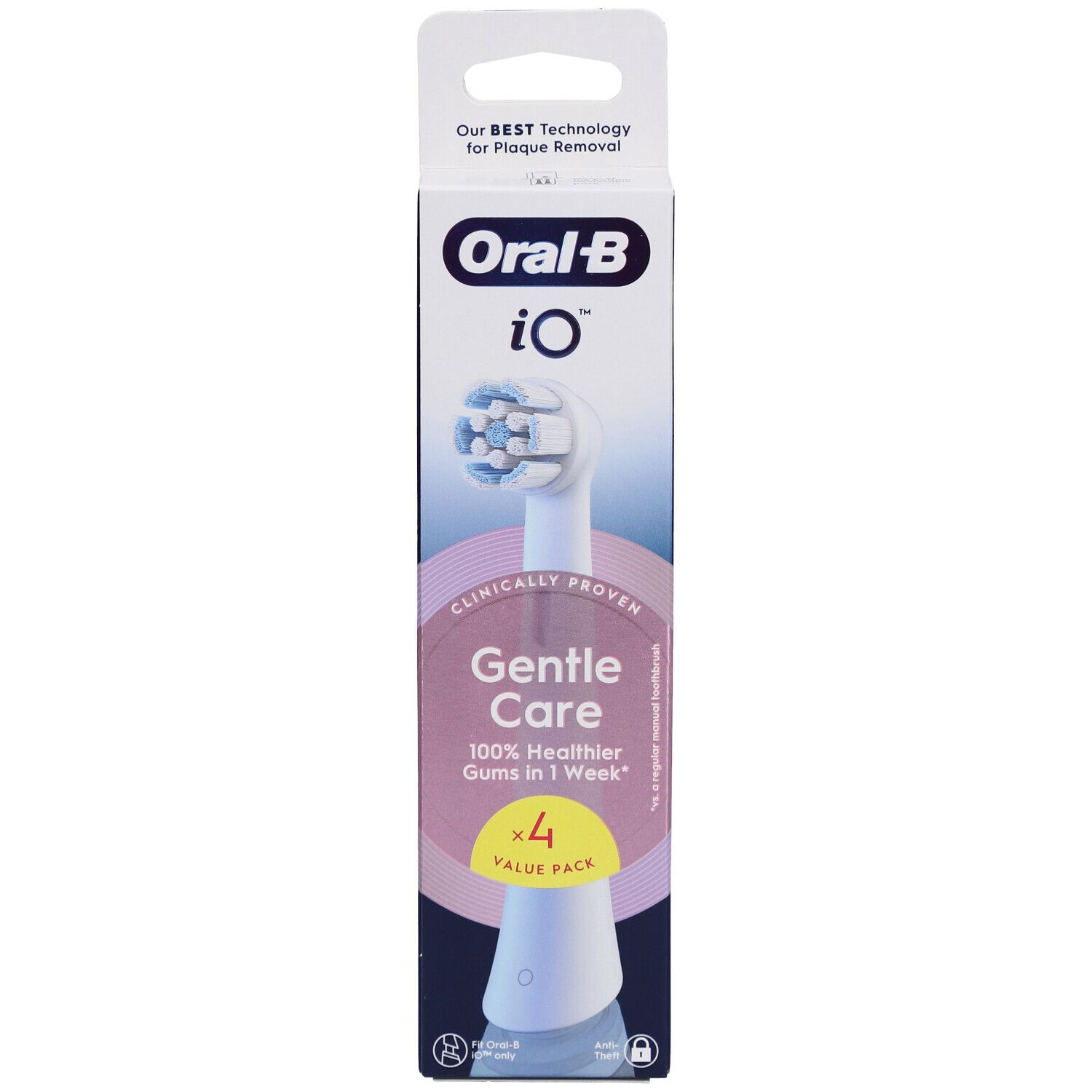 Oral-B iO Sanfte Pflege Weiß 4 Zahnbürstenaufsätze in Verpackung. Enthält 4 Aufsätze. Aufschrift: Gentle Care.