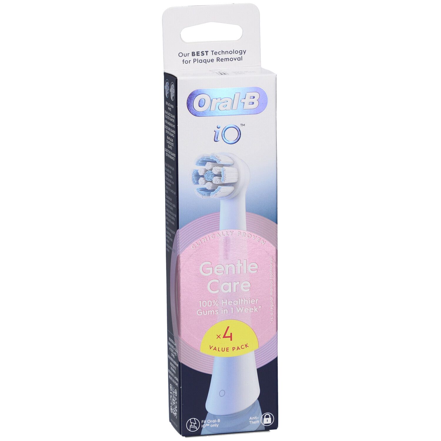 Oral-B iO Sanfte Pflege Weiß 4 Zahnbürstenaufsätze in Verpackung. Enthält 4 Aufsätze. Aufschrift: Gentle Care.