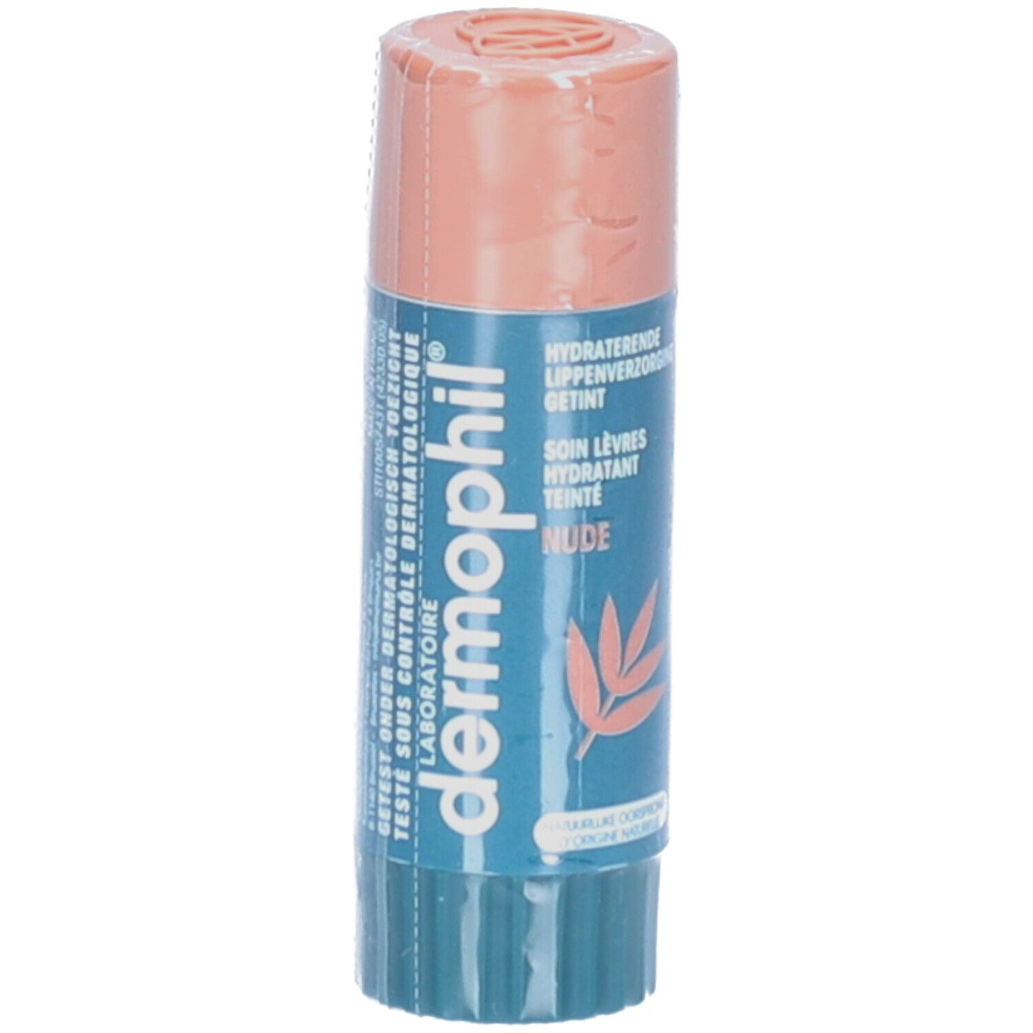 Lippenpflegestift in transparenter Verpackung. Blaue und beige Farbtöne. Aufschrift: Dermophil, Getint Nude.