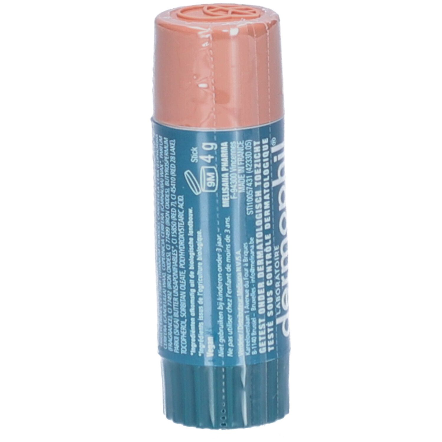 Lippenpflegestift. Blaue und beige Farbtöne. Aufschrift: Dermophil. Angaben zu Inhaltsstoffen und Gewicht.