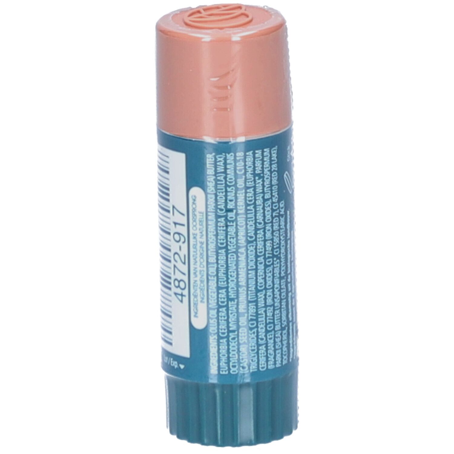 Lippenpflegestift. Blaue und beige Farbtöne. Aufschrift: Dermophil. Barcode und Inhaltsstoffe.