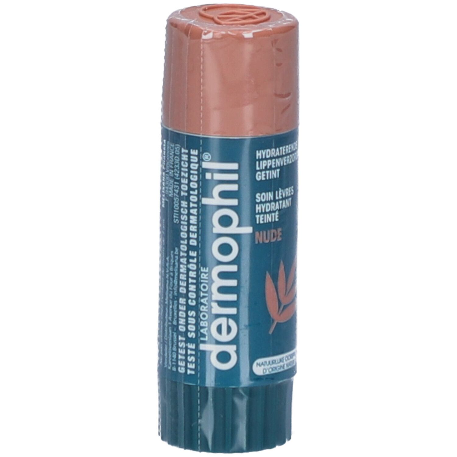 Lippenpflegestift in transparenter Verpackung. Blaue und beige Farbtöne. Aufschrift: Dermophil, Getint Nude.