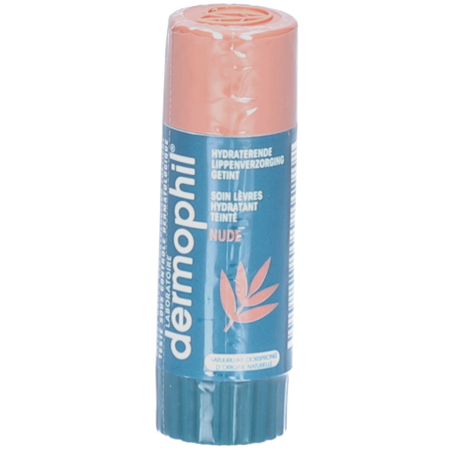 Lippenpflegestift in transparenter Verpackung. Blaue und beige Farbtöne. Aufschrift: Dermophil, Getint Nude.