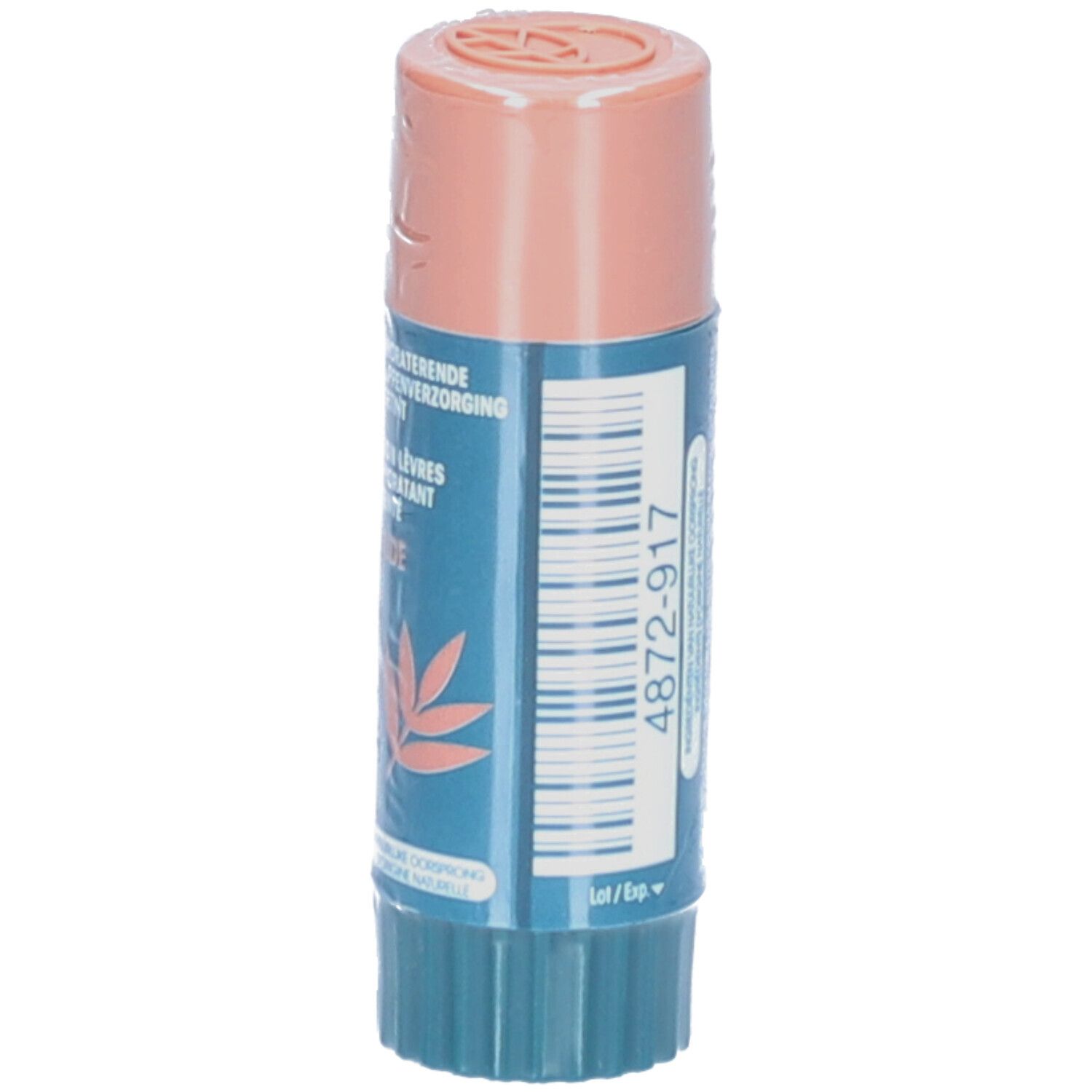 Lippenpflegestift. Blaue und beige Farbtöne. Aufschrift: Dermophil. Barcode und Produktinformationen.