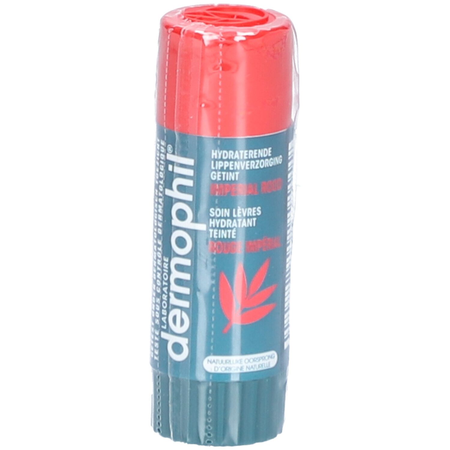 Stick à lèvres emballé. Capuchon rouge, corps bleu. Texte: Dermophil, Getint Imperial Rood, Soin lèvres.
