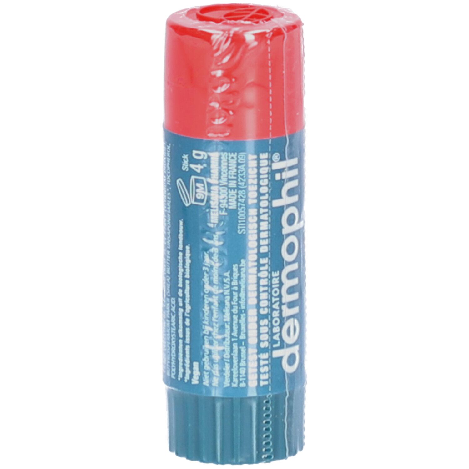 Stick à lèvres emballé. Capuchon rouge, corps bleu. Texte: Dermophil, 4g, Fabriqué en France.