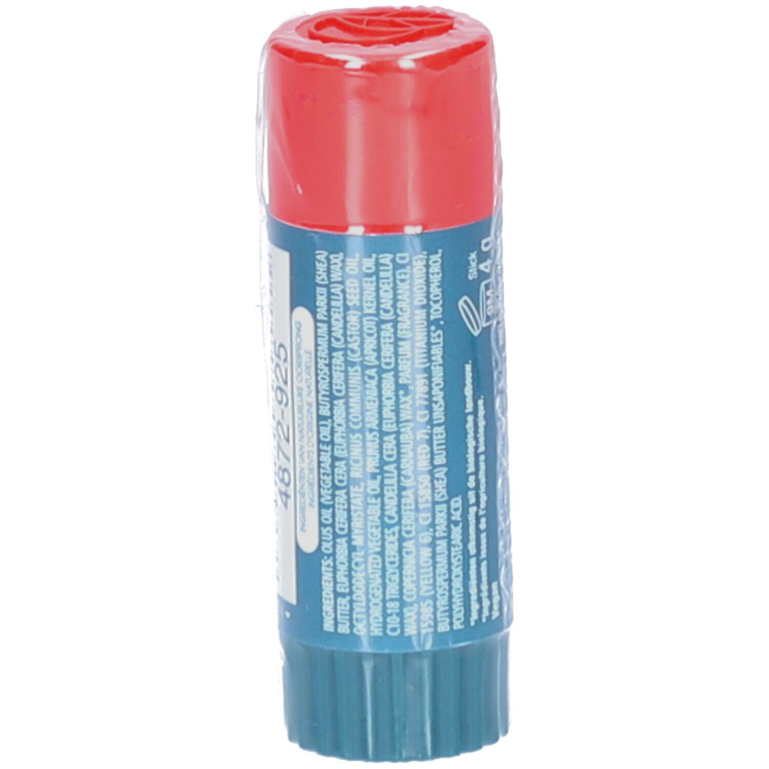 Stick à lèvres emballé. Capuchon rouge, corps bleu. Texte: Ingrédients, 4872-925.