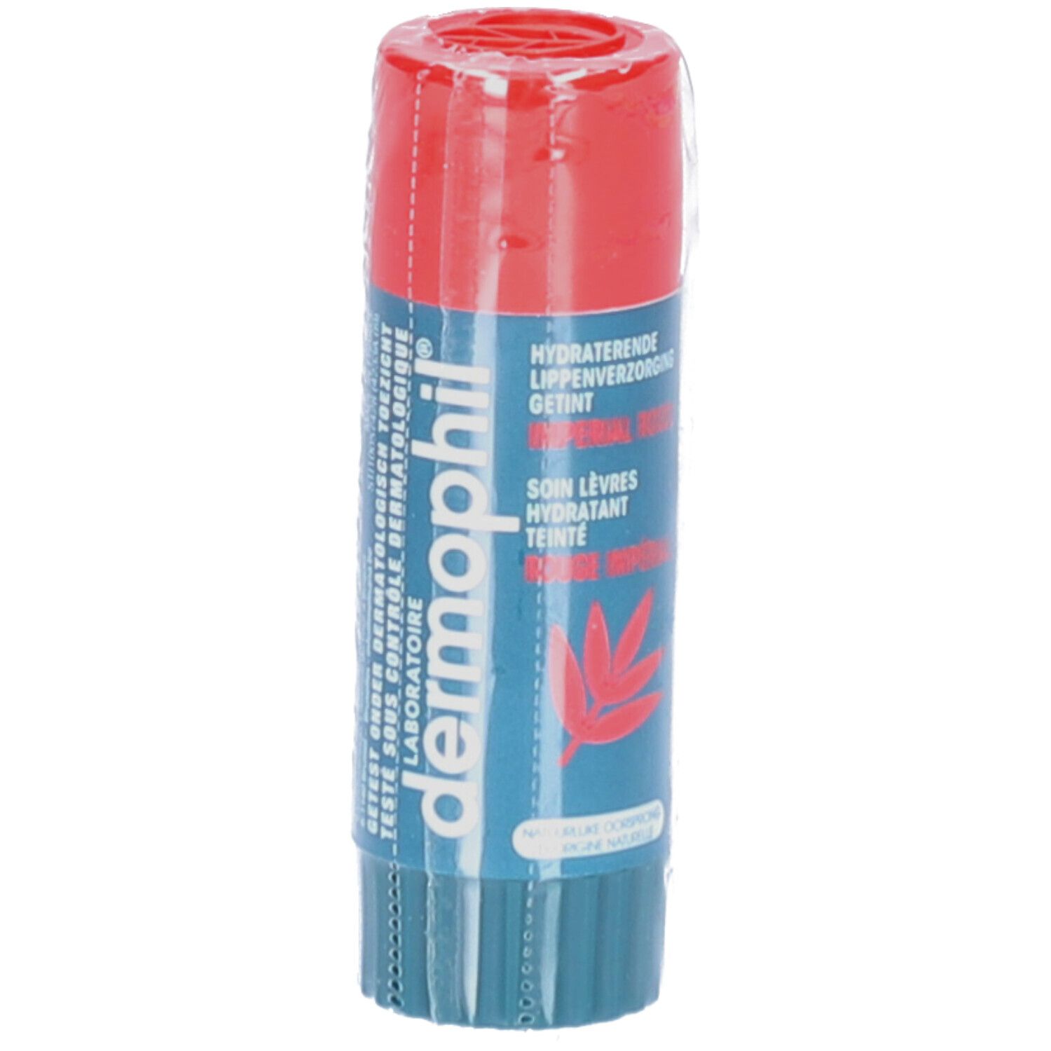 Stick à lèvres emballé. Capuchon rouge, corps bleu. Texte: Dermophil, Getint Imperial Rood, Soin lèvres.