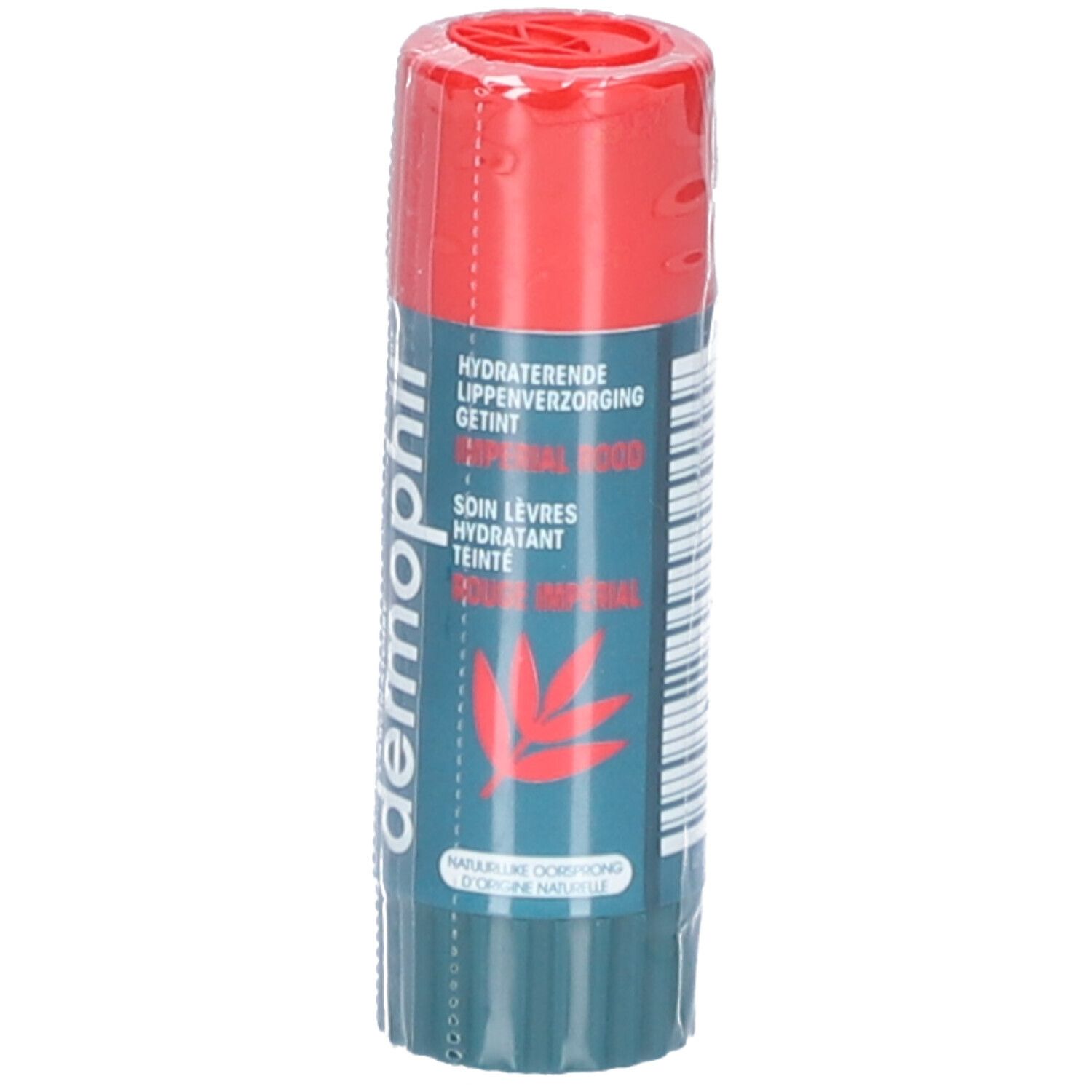 Stick à lèvres emballé. Capuchon rouge, corps bleu. Texte: Dermophil, Getint Imperial Rood, Soin lèvres.