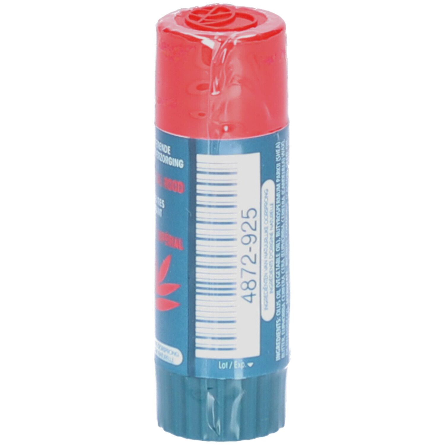 Stick à lèvres emballé. Capuchon rouge, corps bleu. Texte: Dermophil, 4872-925, Ingrédients.