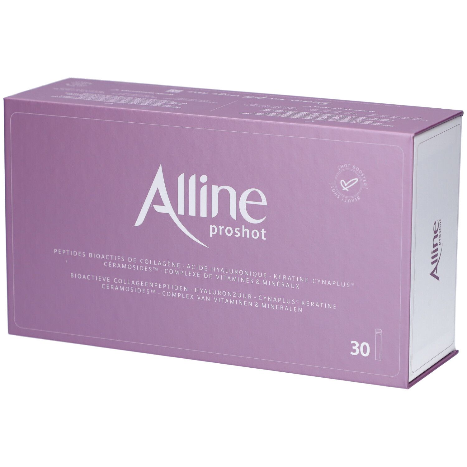 Verpackung von Alline proshot. Lila Schachtel mit weißem Schriftzug. Enthält 30 Fläschchen.