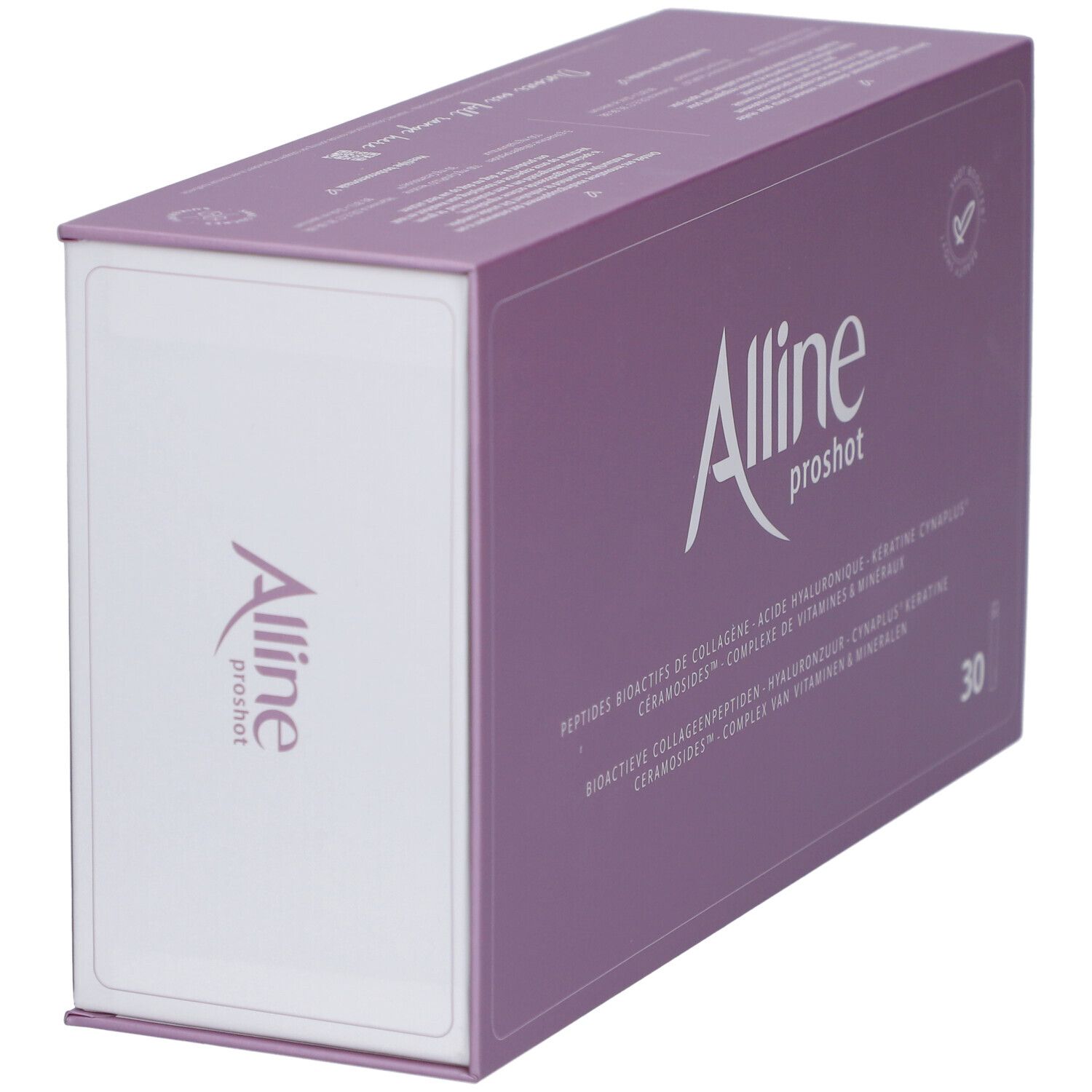 Alline proshot Verpackung. Lila Schachtel mit weißem Schriftzug. Enthält 30 Fläschchen.