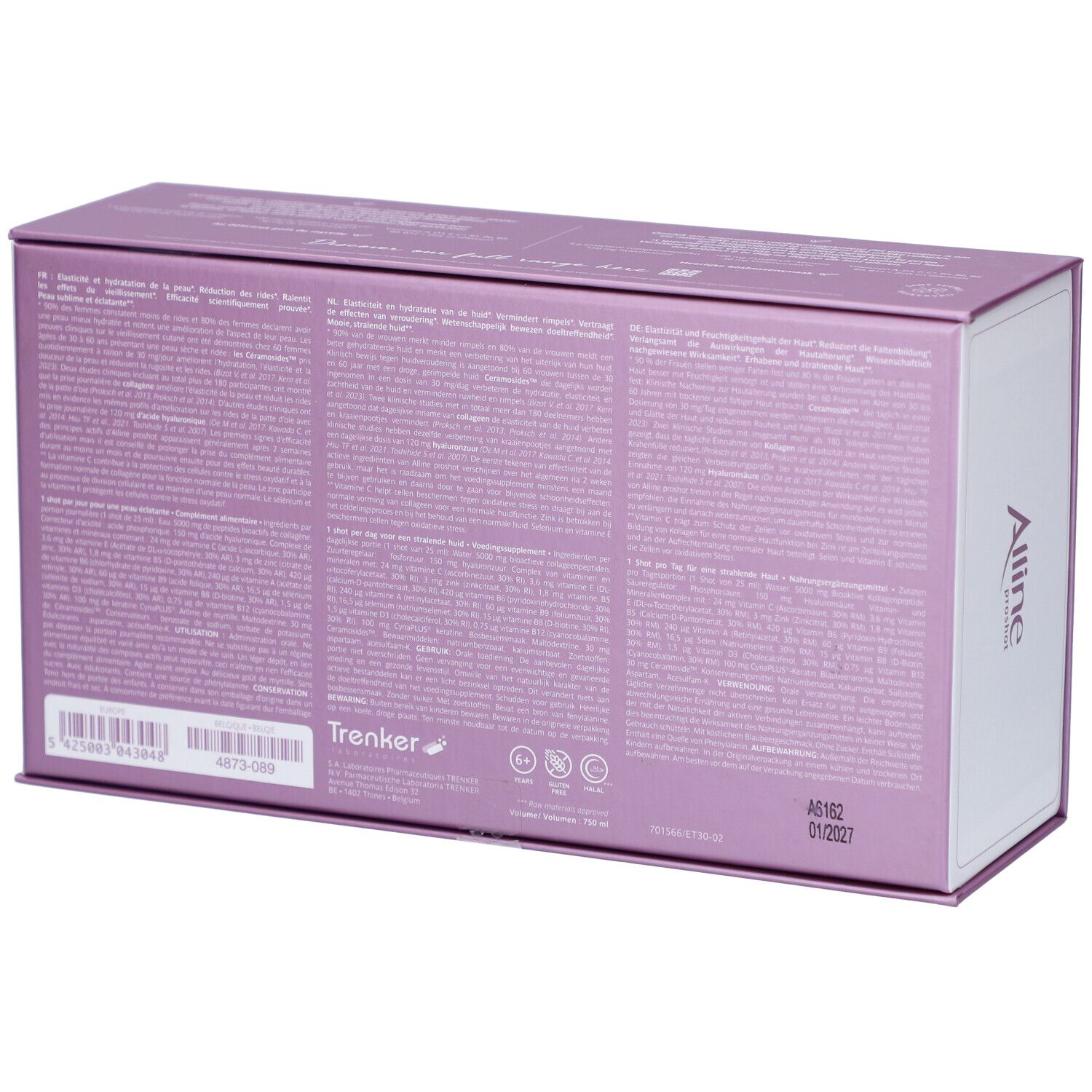 Rückseite der Alline proshot Verpackung. Lila mit Text. Barcode und Haltbarkeitsdatum.