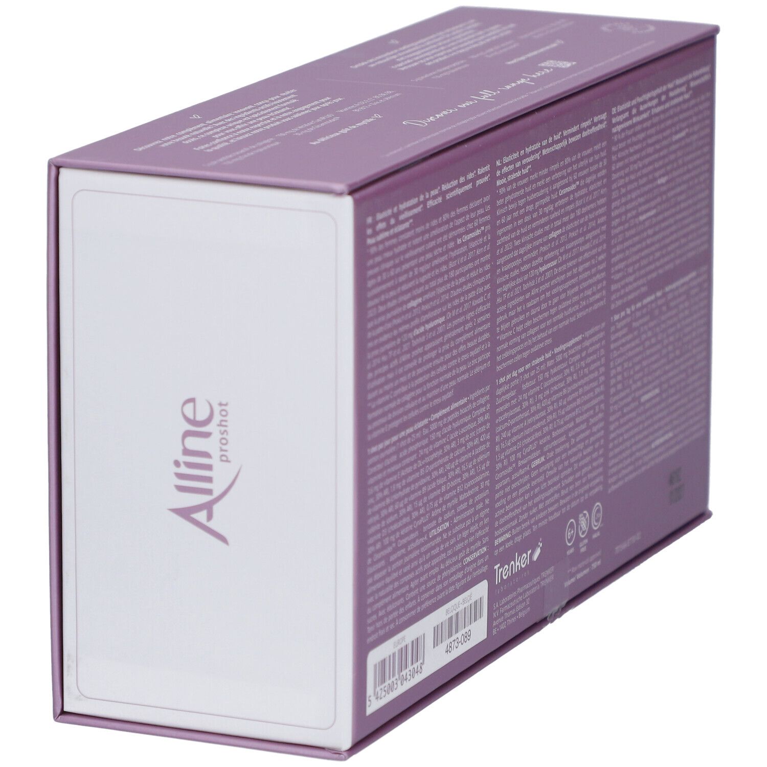 Rückseite der Alline proshot Verpackung. Lila mit Text. Barcode und Haltbarkeitsdatum.