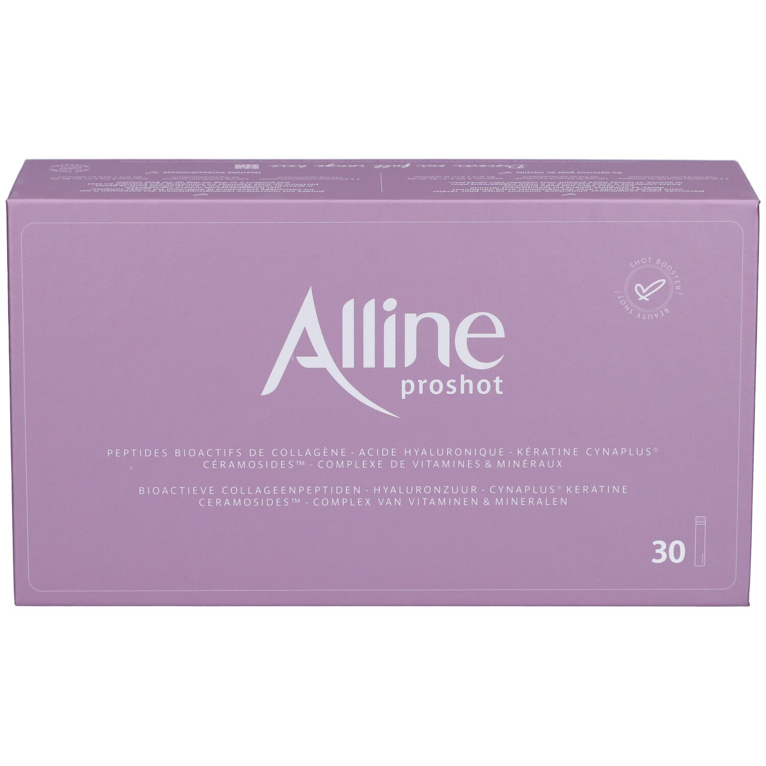 Alline proshot Verpackung. Lila Schachtel mit weißem Schriftzug. Enthält 30 Fläschchen.