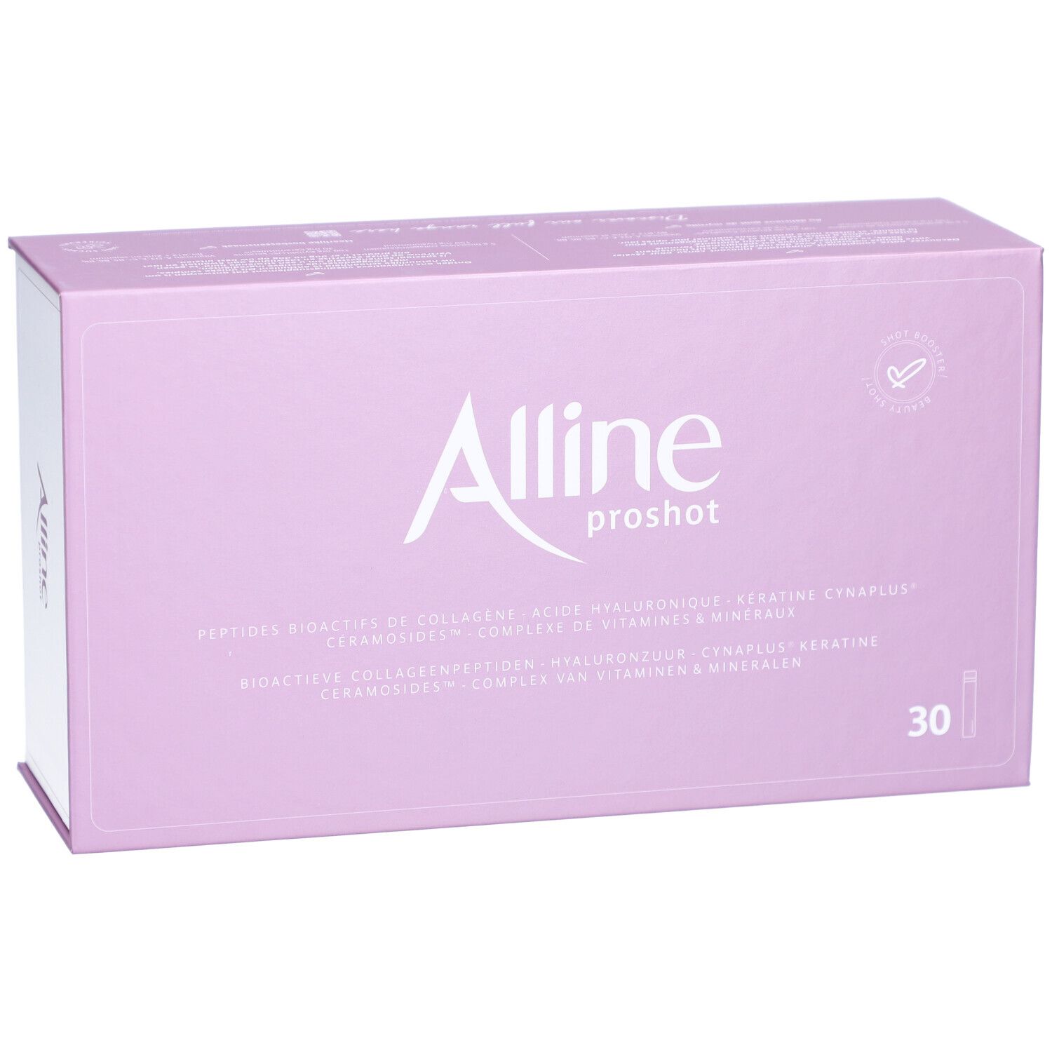 Alline proshot Verpackung. Lila Schachtel mit weißem Schriftzug. Enthält 30 Fläschchen.