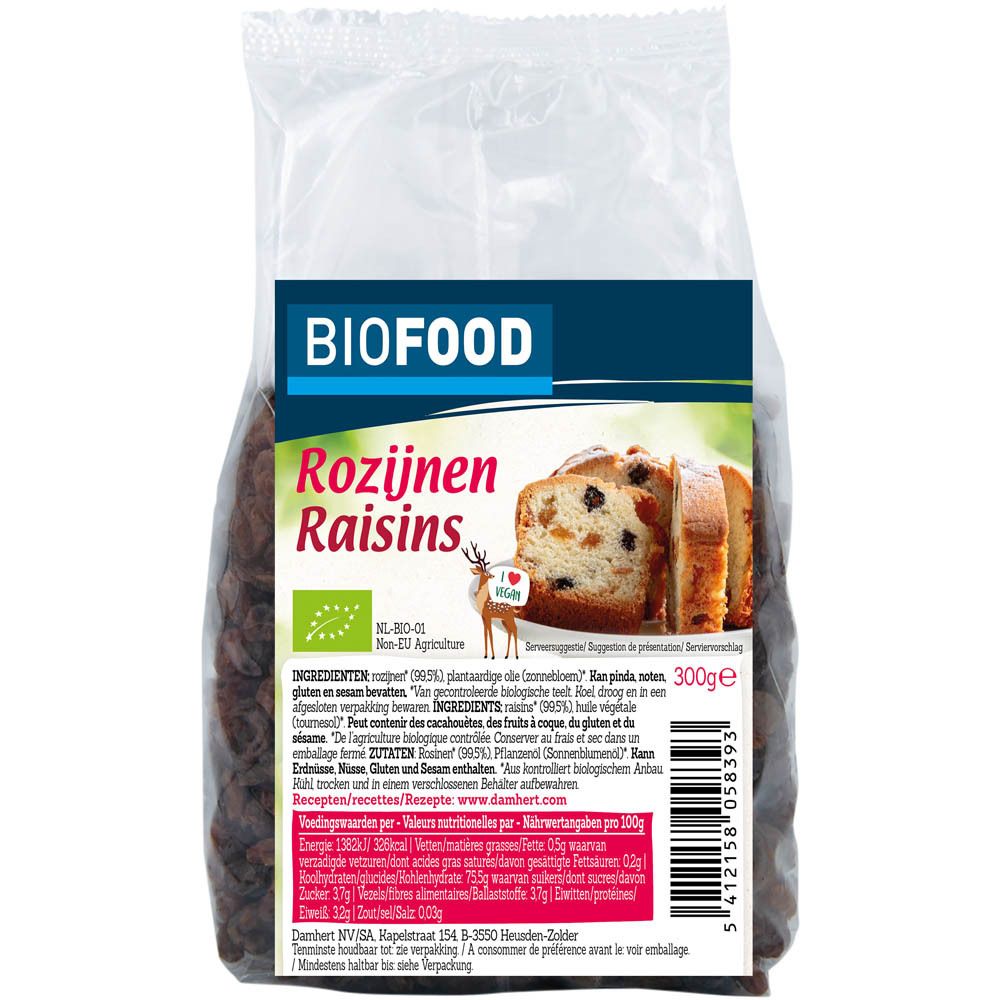 Biofood Rosinen in transparenter Verpackung. Aufkleber mit Produktname, Logo und Abbildung von Kuchen. Bio-Siegel.