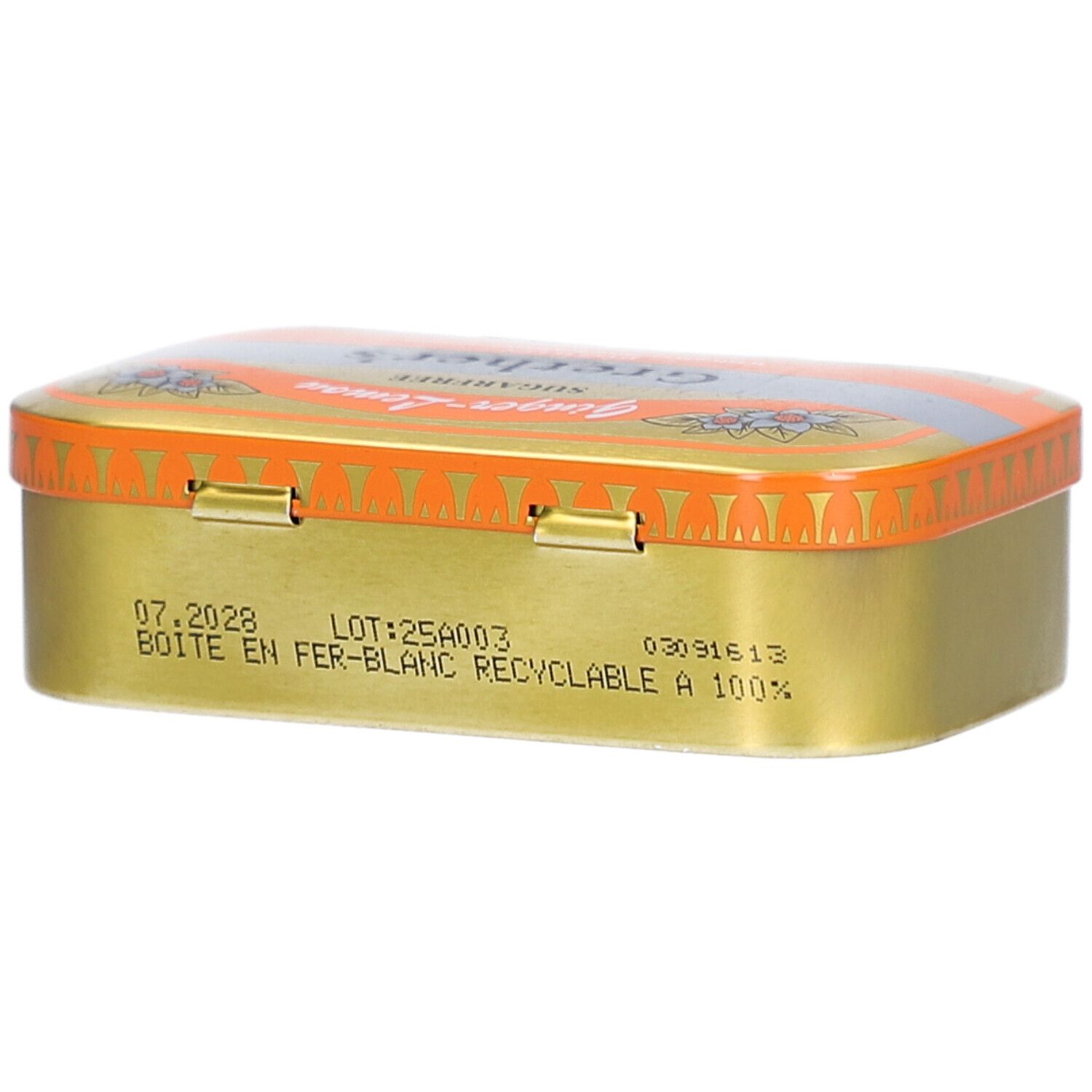 Goldfarbene Pastillendose mit orangefarbenem Deckel. Text auf der Dose. "Boîte en fer-blanc recyclable à 100%".