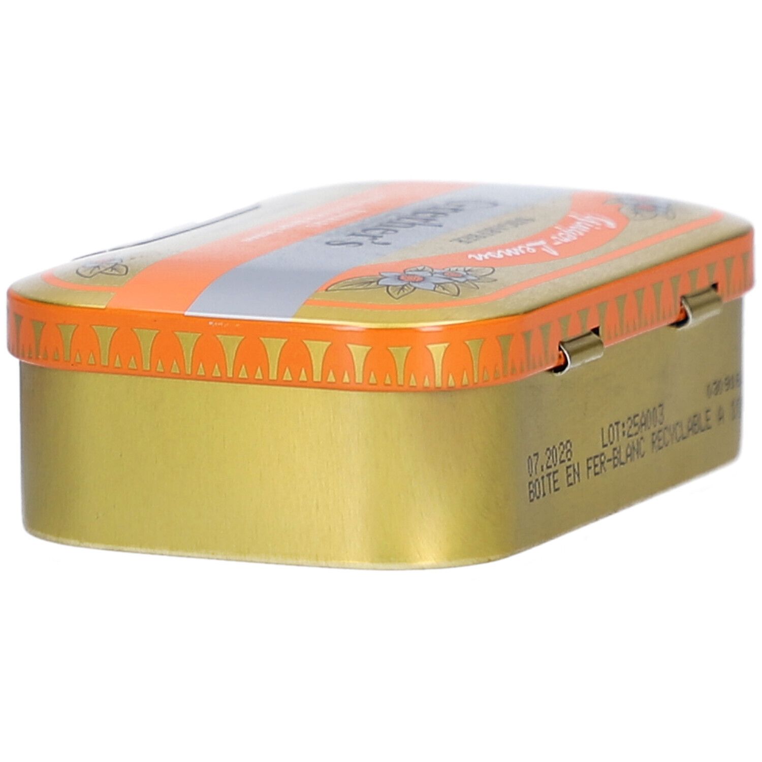 Goldfarbene Pastillendose mit orangefarbenem Deckel. Text auf der Dose. "Boîte en fer-blanc recyclable à 100%".