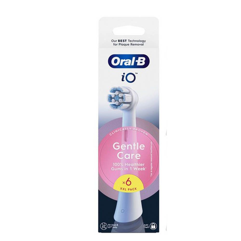 Recharges Oral-B iO Gentle Care 6 pièces XXL. Emballage avec tête de brosse. Texte : Gentle Care, 100% des gencives plus saines en 1 semaine.