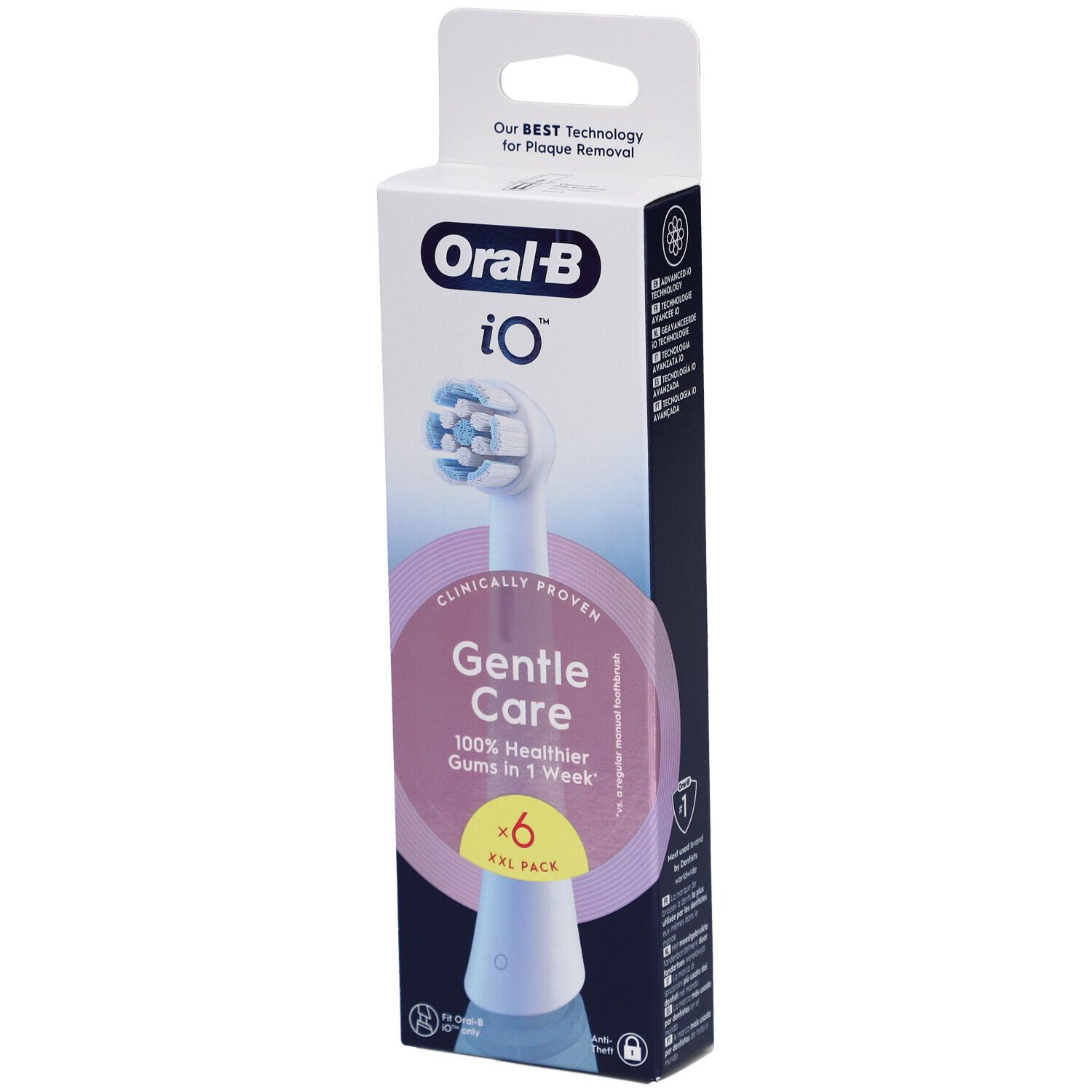 Oral-B iO Gentle Care 6er XXL Pack Nachfüllpackungen. Verpackung mit Zahnbürstenkopf. Text: Gentle Care, 100% gesünderes Zahnfleisch in 1 Woche.